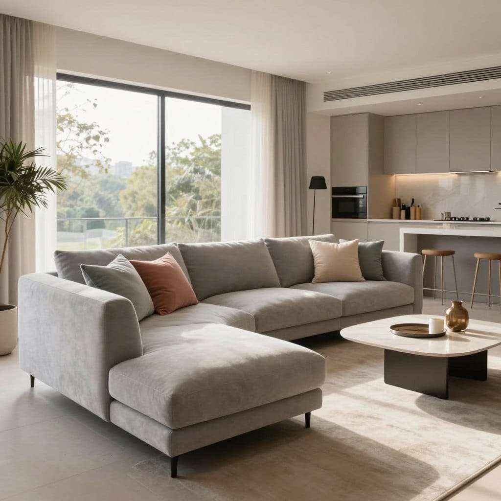 A stylish sofa in an open concept living room, featuring a plush, L-shaped design upholstered in soft, light gray fabric. The foreground showcases a cozy area with decorative throw pillows in pastel colors. In the middle ground, the sofa is positioned elegantly against a large window that allows natural sunlight to fill the space, highlighting its modern lines. To the right, a sleek coffee table complements the sofa, adorned with a few tasteful decor items. The background includes an airy kitchen area with minimalistic cabinetry, creating a seamless blend between spaces. Soft, warm lighting creates an inviting atmosphere, while a wide-angle lens captures the spaciousness of the room. Overall, this image should evoke a sense of comfort and modern living.