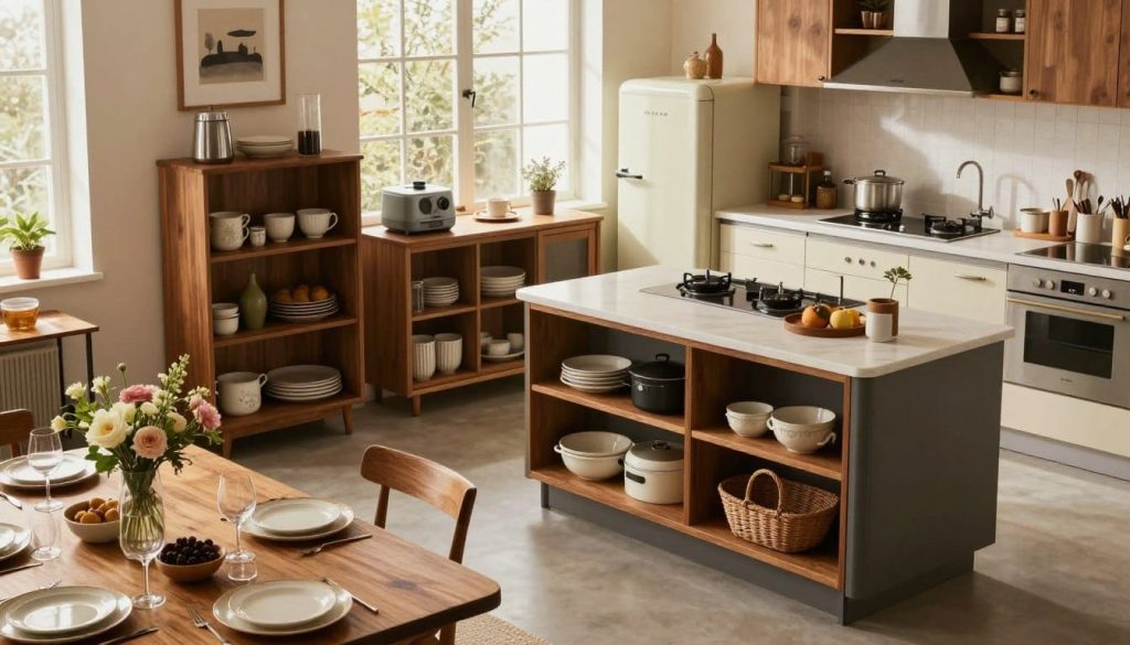 A stylish, unfitted kitchen showcasing a variety of freestanding pieces, such as a vintage wooden table, a modern island cart, and decorative open shelving. In the foreground, a beautifully set dining table with elegant plates and fresh flowers invites warmth. The middle of the image features an assortment of appliances, like a retro-style refrigerator and modular storage units, blending classic and contemporary styles. The background includes large windows letting in soft, natural light, enhancing the inviting atmosphere. The scene is composed with a slightly elevated angle for depth, emphasizing the airy layout. The overall mood is cozy yet sophisticated, reflecting an eclectic design perfect for a personalized kitchen setting.