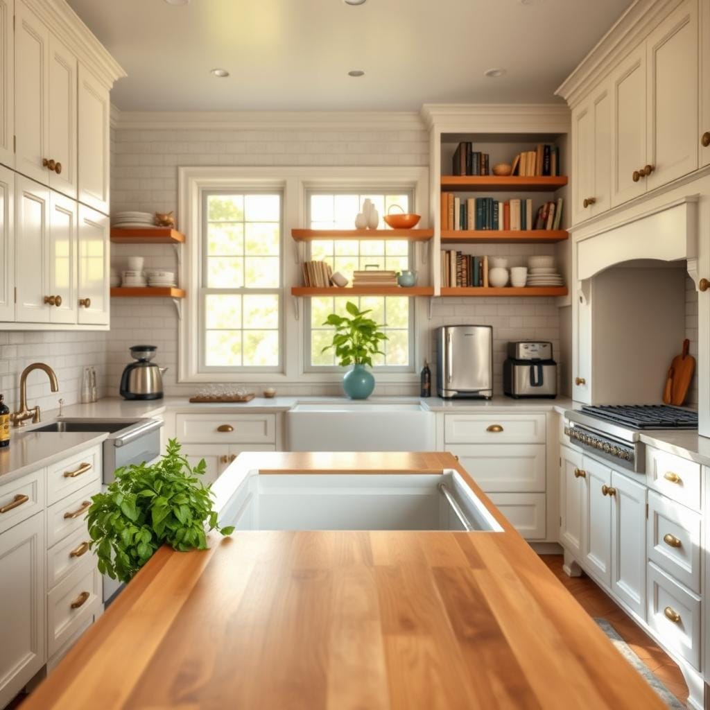 A timeless kitchen design that embodies elegance and functionality, featuring classic white cabinetry with brass hardware, a large farmhouse sink, and a spacious marble countertop. In the foreground, a wooden butcher block island showcases fresh herbs and kitchen utensils. The middle ground displays a harmonious arrangement of vintage appliances and open shelving filled with cookbooks and dishware. The background is illuminated by warm, natural light streaming through a large window, highlighting a potted plant on the sill. The atmosphere is inviting and peaceful, with soft shadows lending depth and character to the scene. The perspective captures the entire kitchen, inviting viewers to appreciate its balance of contemporary convenience and classic charm.