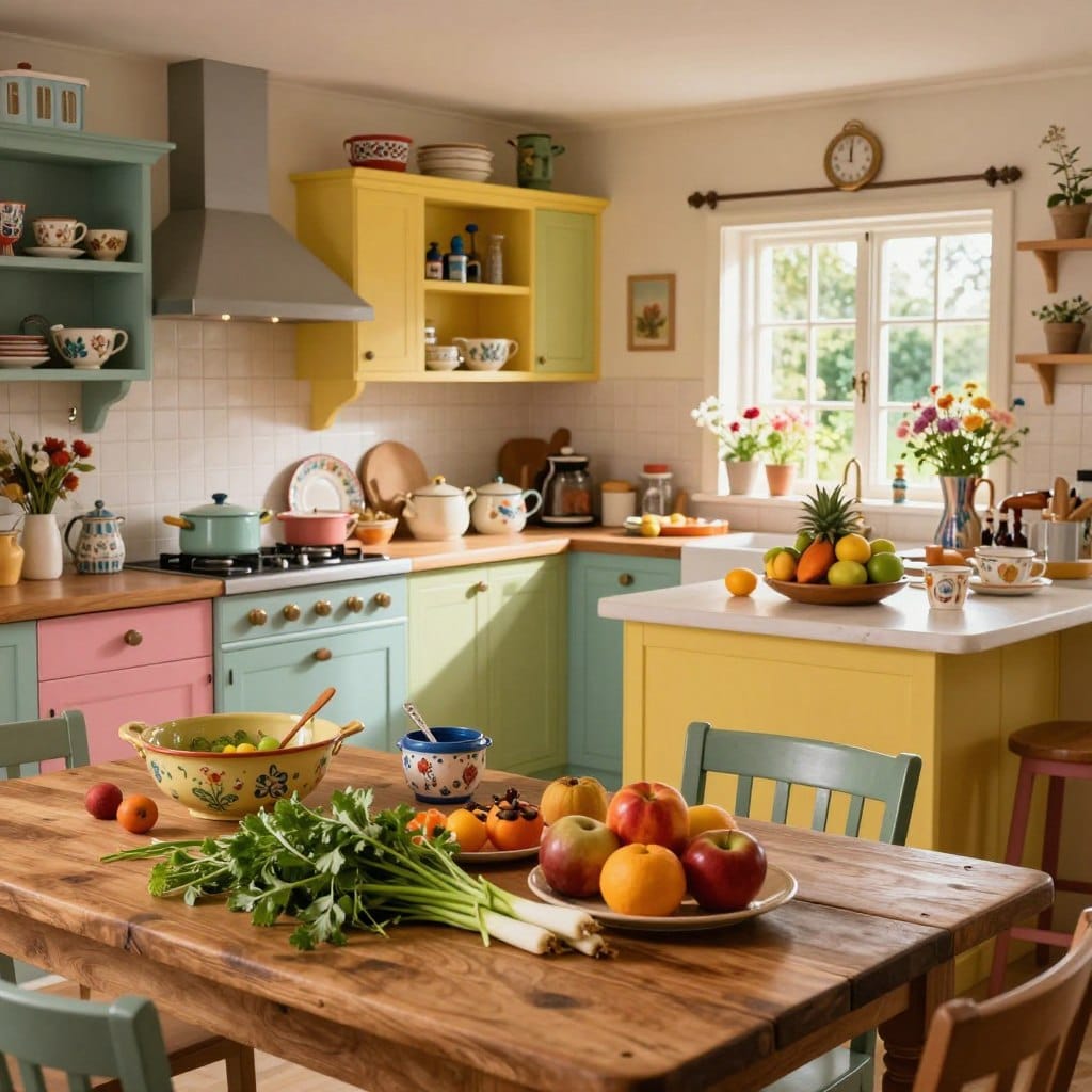 A uniquely styled kitchen, bursting with whimsical charm, showcasing a blend of vibrant colors and playful elements. In the foreground, a rustic wooden table filled with fresh herbs, colorful fruits, and quirky kitchen gadgets. The middle ground features a cozy, open kitchen layout with mismatched cabinets painted in bright pastels, vintage dishware adorned with whimsical patterns, and a charming island topped with a whimsical fruit centerpiece. The background reveals a window with soft, natural light streaming in, illuminating a garden view filled with flowers and greenery. The atmosphere radiates a sense of creativity and joy, inviting viewers into a culinary wonderland, enhanced by warm, inviting lighting that casts a soft glow throughout the space. Ideal for a magical and enchanting cooking experience.