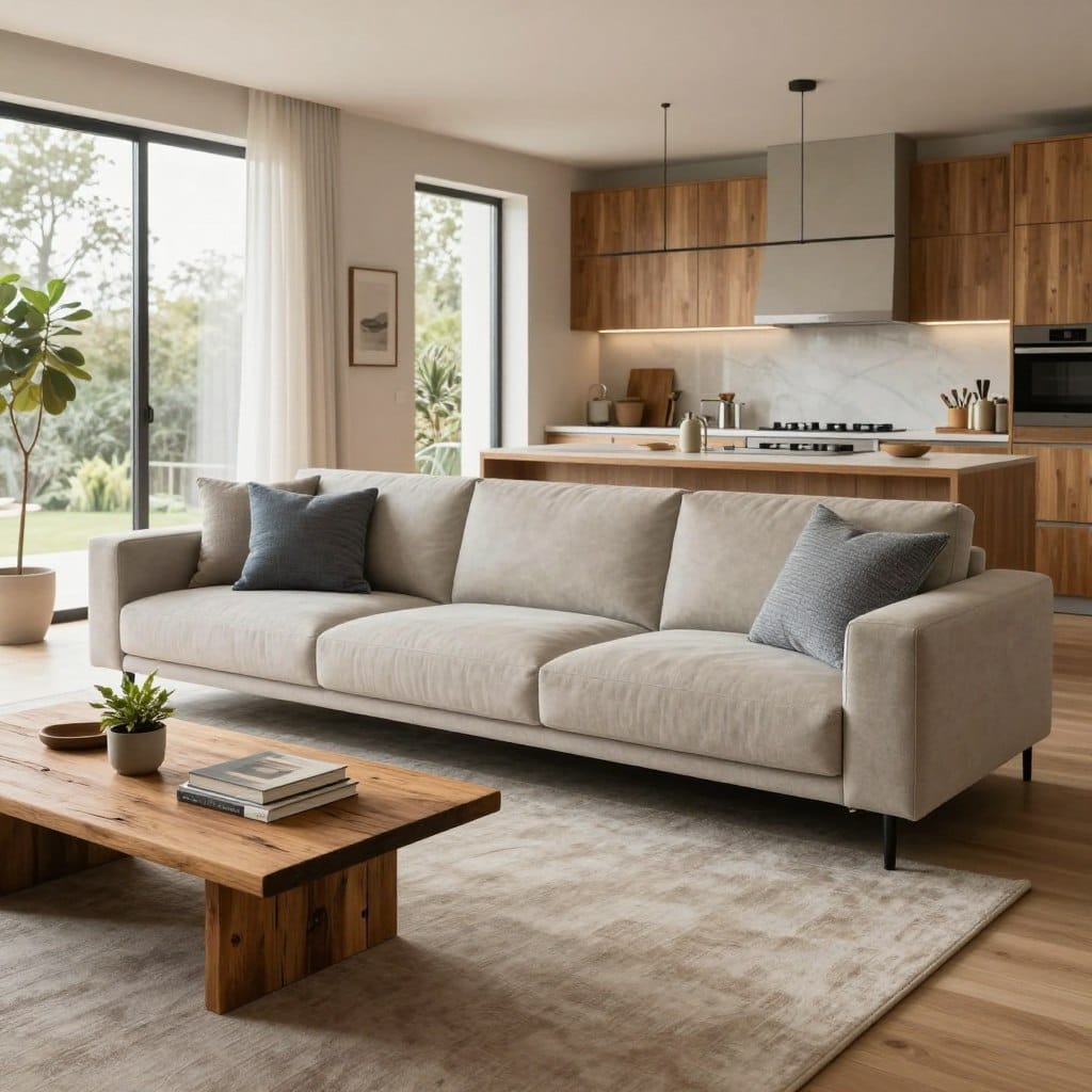 A versatile modern sofa designed for an open floor plan, featuring a modular design with a sleek, minimalist aesthetic. The sofa is upholstered in a soft, neutral fabric, complemented by textured throw pillows in varying shades of gray and blue. In the foreground, the sofa occupies a spacious, brightly lit living area with natural light streaming through large windows. In the middle, a stylish coffee table made of reclaimed wood sits in front of the sofa, adorned with a small potted plant and a stack of books. The background displays an open kitchen area with contemporary cabinetry and warm wood accents, creating a harmonious flow. The atmosphere feels inviting and spacious, ideal for gatherings and family time. Soft, diffused lighting enhances the cozy vibe, capturing the essence of a welcoming open concept living space.