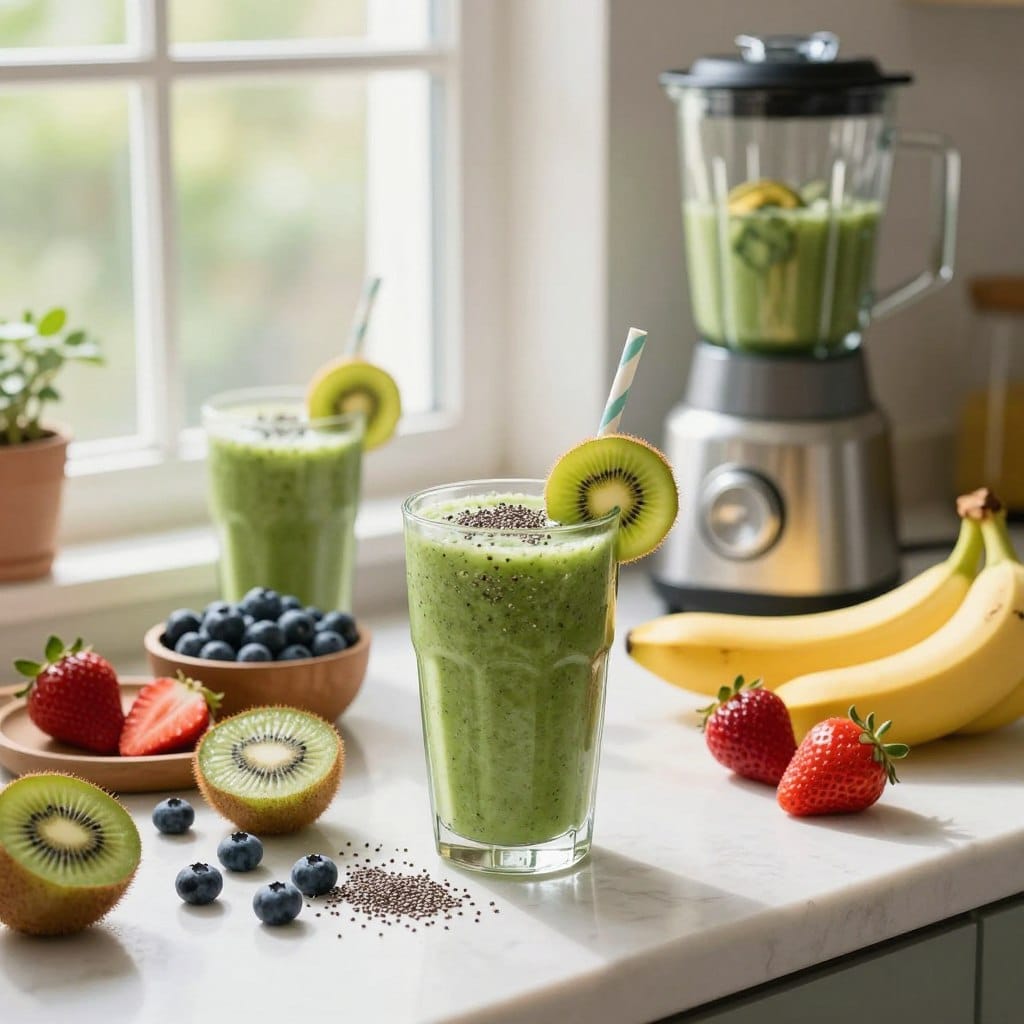 A vibrant and inviting kitchen counter showcasing an array of colorful ingredients for the best anti-aging smoothies. In the foreground, a beautifully styled glass filled with a green smoothie topped with slices of kiwi and a sprinkle of chia seeds. Beside it, fresh fruits like blueberries, strawberries, and a banana, along with an elegant blender, all arranged artfully. The background features a sunlit window with soft greenery visible outside, creating a warm and uplifting atmosphere. Soft, natural lighting illuminates the scene, highlighting the textures of the fruits and the smoothness of the smoothies. The angle is slightly elevated, capturing the refreshing essence of morning radiance, creating a sense of health and vitality. A vibrant and inviting kitchen counter showcasing an array of colorful ingredients for the best anti-aging smoothies. In the foreground, a beautifully styled glass filled with a green smoothie topped with slices of kiwi and a sprinkle of chia seeds. Beside it, fresh fruits like blueberries, strawberries, and a banana, along with an elegant blender, all arranged artfully. The background features a sunlit window with soft greenery visible outside, creating a warm and uplifting atmosphere. Soft, natural lighting illuminates the scene, highlighting the textures of the fruits and the smoothness of the smoothies. The angle is slightly elevated, capturing the refreshing essence of morning radiance, creating a sense of health and vitality.