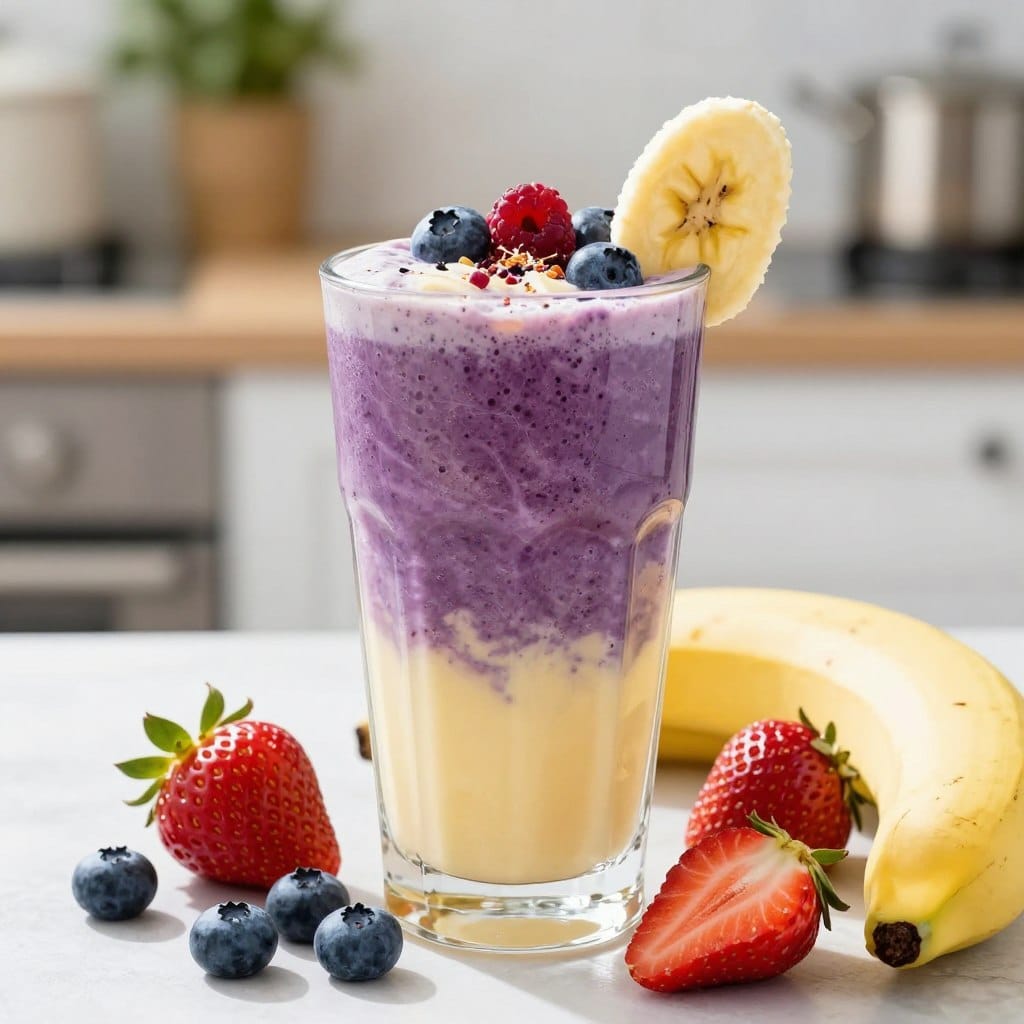A vibrant and refreshing "Berry Banana Electrolyte Blast" smoothie is the focal point of the image, sitting in a sleek glass adorned with a slice of banana and a sprinkle of mixed berries on top. The foreground includes fresh blueberries, strawberries, and a banana, all artfully arranged around the glass. In the middle ground, the smoothie blends a rich purple and creamy yellow hue, creating an inviting appearance. The background features a sunlit kitchen or outdoor setting, suggesting a natural, invigorating atmosphere. Soft, diffused lighting enhances the freshness of the ingredients, while a shallow depth of field keeps the focus on the smoothie, evoking a lively and energetic mood ideal for athletes seeking hydration post-exercise.
