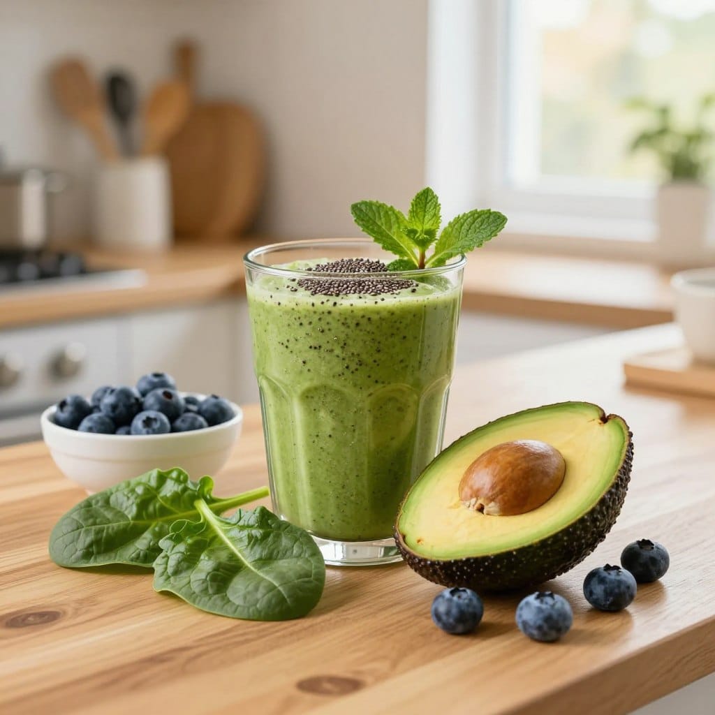 A vibrant arrangement of anti-aging smoothie ingredients artfully displayed on a clean, wooden kitchen countertop. In the foreground, focus on a bright green spinach leaf, a ripe avocado cut in half showcasing its creamy interior, and a handful of blueberries spilling from a small bowl. The middle ground features a glass filled with a lush green smoothie, topped with chia seeds and a sprig of mint. In the background, softly blurred, there are a few kitchen utensils and a window letting in warm, natural light that creates a welcoming atmosphere. Shoot with a shallow depth of field to emphasize the freshness of the ingredients, conveying a sense of health and vitality perfect for enhancing beauty and wellness. The overall mood should be inviting and energizing. A vibrant arrangement of anti-aging smoothie ingredients artfully displayed on a clean, wooden kitchen countertop. In the foreground, focus on a bright green spinach leaf, a ripe avocado cut in half showcasing its creamy interior, and a handful of blueberries spilling from a small bowl. The middle ground features a glass filled with a lush green smoothie, topped with chia seeds and a sprig of mint. In the background, softly blurred, there are a few kitchen utensils and a window letting in warm, natural light that creates a welcoming atmosphere. Shoot with a shallow depth of field to emphasize the freshness of the ingredients, conveying a sense of health and vitality perfect for enhancing beauty and wellness. The overall mood should be inviting and energizing.
