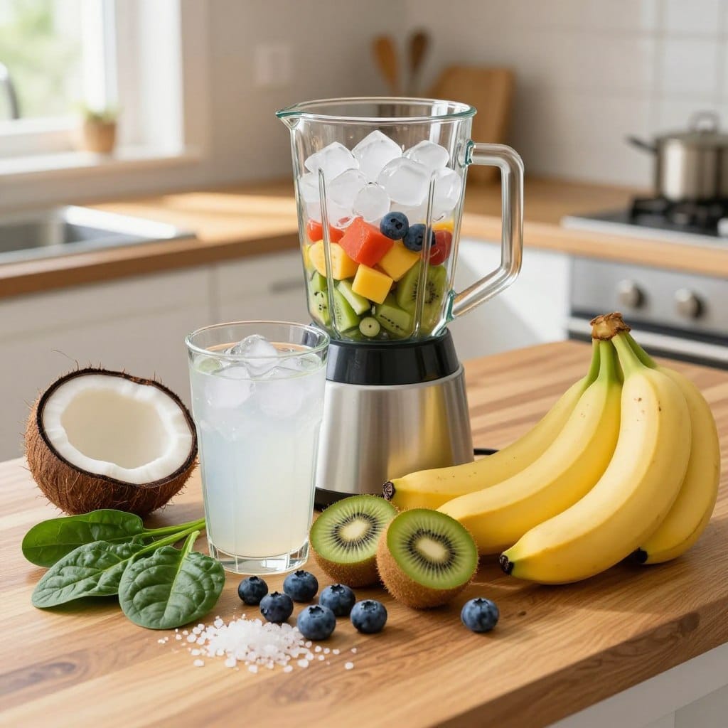 A vibrant assortment of electrolyte-rich smoothie ingredients arranged aesthetically on a wooden kitchen countertop. In the foreground, fresh coconut water, sliced kiwi, ripe bananas, and bright blueberries harmonize in color, with a handful of spinach and a sprinkle of Himalayan salt beside them. In the middle, a stylish glass blender filled with ice and these colorful ingredients adds depth. The background features a softly focused kitchen setting, illuminated by natural sunlight streaming through a window, creating a warm, inviting atmosphere. The scene conveys freshness and vitality, reflecting the nourishing qualities of these ingredients. Capture this image from a slightly elevated angle to emphasize the textures and colors, with soft, diffused lighting to enhance the natural beauty of the ingredients.