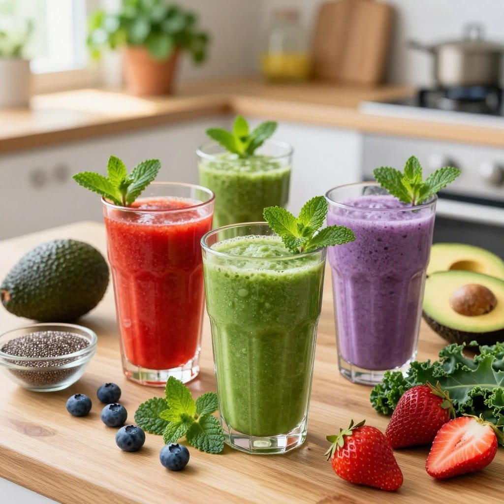 A vibrant display of anti-aging smoothies, showcasing a variety of colorful ingredients. In the foreground, several tall, clear glasses filled with rich green, bright red, and soft purple smoothies, garnished with fresh mint and sliced fruits like blueberries and strawberries. The middle ground features a wooden table adorned with ripe avocados, kale leaves, and a small bowl of chia seeds. In the background, a softly lit kitchen setting with potted herbs and sunlight streaming through a window creates a warm, inviting atmosphere. The scene is captured with a slight overhead angle, emphasizing the freshness and vitality of the ingredients, evoking a mood of health and rejuvenation. Bright, natural lighting enhances the vibrant colors and textures of the smoothies. A vibrant display of anti-aging smoothies, showcasing a variety of colorful ingredients. In the foreground, several tall, clear glasses filled with rich green, bright red, and soft purple smoothies, garnished with fresh mint and sliced fruits like blueberries and strawberries. The middle ground features a wooden table adorned with ripe avocados, kale leaves, and a small bowl of chia seeds. In the background, a softly lit kitchen setting with potted herbs and sunlight streaming through a window creates a warm, inviting atmosphere. The scene is captured with a slight overhead angle, emphasizing the freshness and vitality of the ingredients, evoking a mood of health and rejuvenation. Bright, natural lighting enhances the vibrant colors and textures of the smoothies.