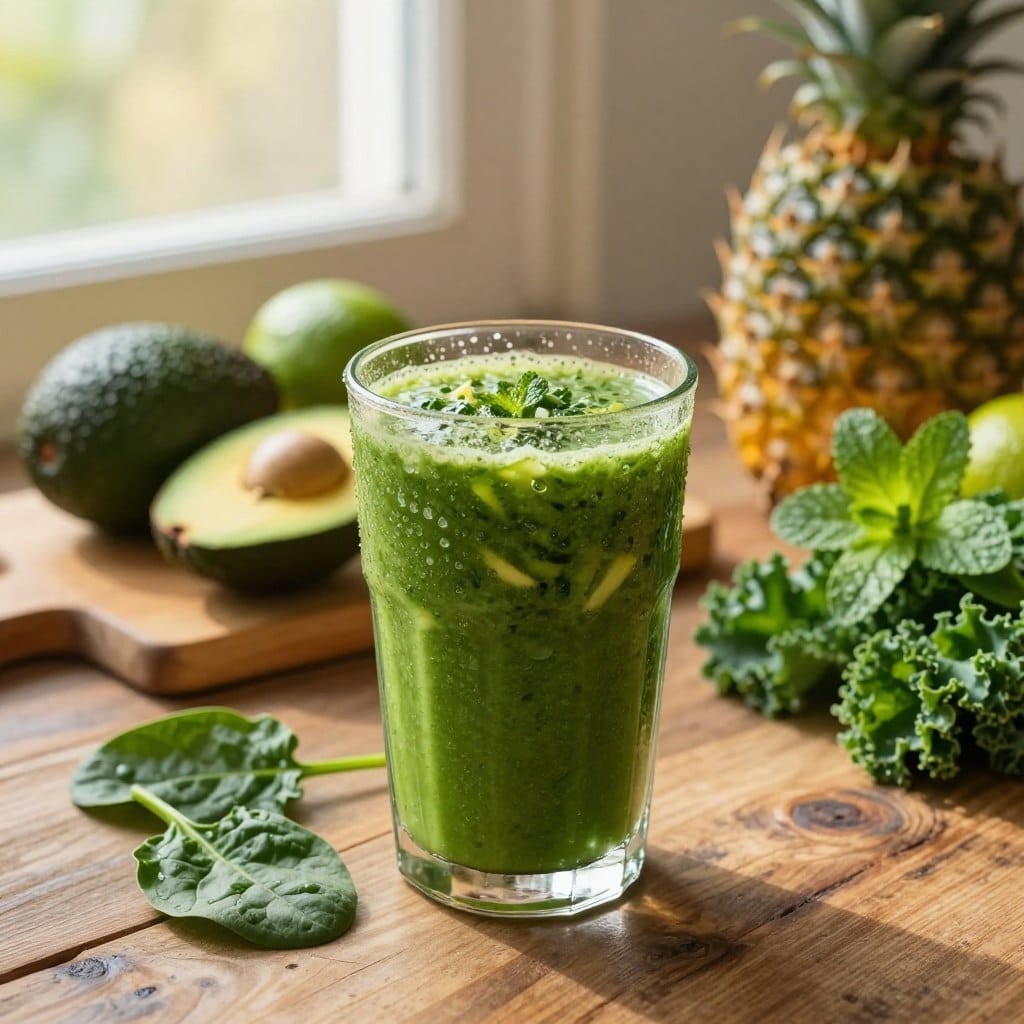 A vibrant glass of green smoothie filled with fresh ingredients such as spinach, kale, and pineapple, sitting on a rustic wooden table. In the foreground, droplets of condensation create a refreshing look on the glass. The smoothie has a rich green color, dotted with pieces of fruit and herbs for added texture. In the middle background, a cutting board displays whole fruits and vegetables like avocados, limes, and mint leaves, enhancing the natural vibe. Soft, warm afternoon sunlight filters through a nearby window, casting gentle shadows and creating a cozy atmosphere. The overall mood is invigorating and fresh, ideal for promoting hydration and energy replenishment, with a focus on health and vitality.