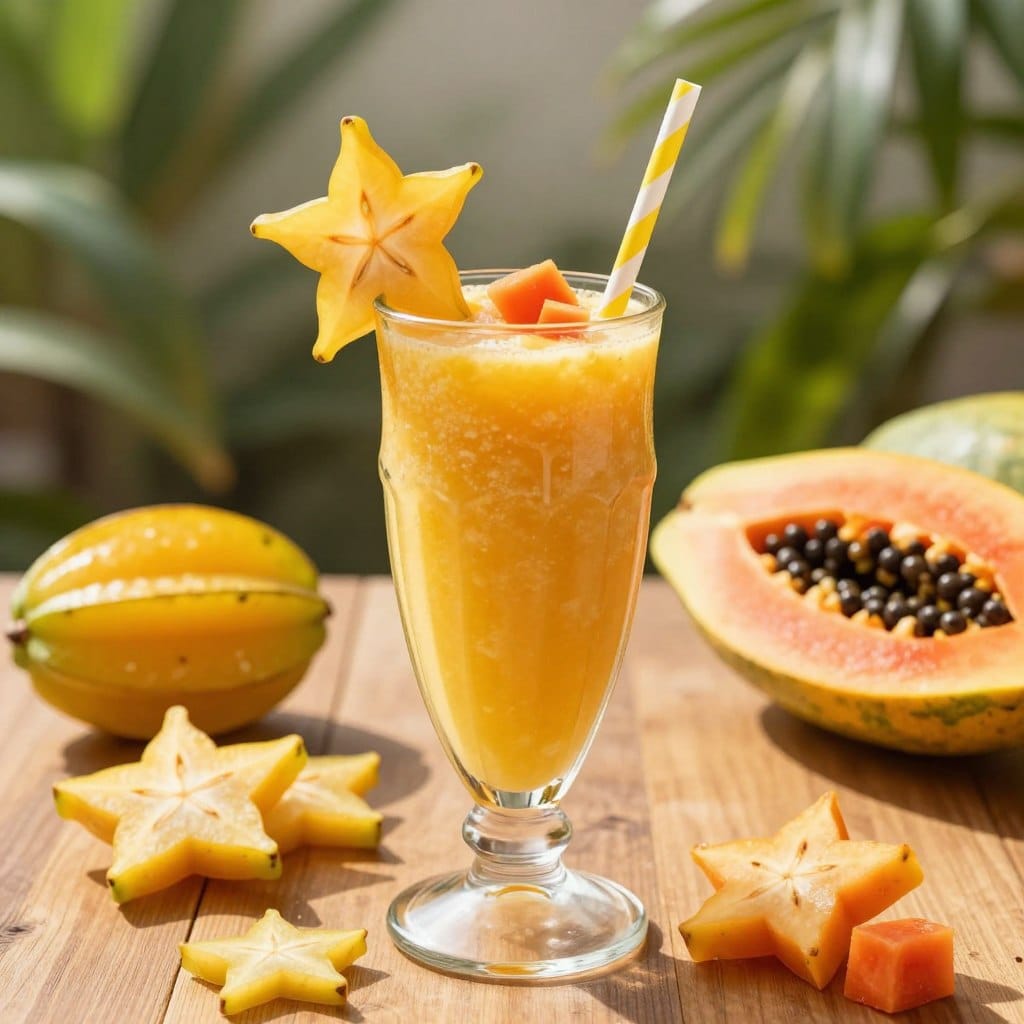 A vibrant starfruit and papaya smoothie in a clear glass, filled with a thick, creamy texture, showcasing the smooth blend of bright yellow and orange hues. The smoothie is garnished with a slice of starfruit and a few small cubes of fresh papaya on the rim of the glass. In the foreground, a straw rests against the glass, suggesting freshness. In the middle ground, a wooden table with scattered tropical fruit like whole starfruits and sliced papayas adds to the scene. The background features softly blurred green foliage, hinting at a sunny outdoor patio setting. The lighting is warm and bright, mimicking golden hour, creating an inviting and cheerful atmosphere perfect for summer. Shot with a shallow depth of field to emphasize the smoothie, capturing a feeling of indulgence and tropical delight.