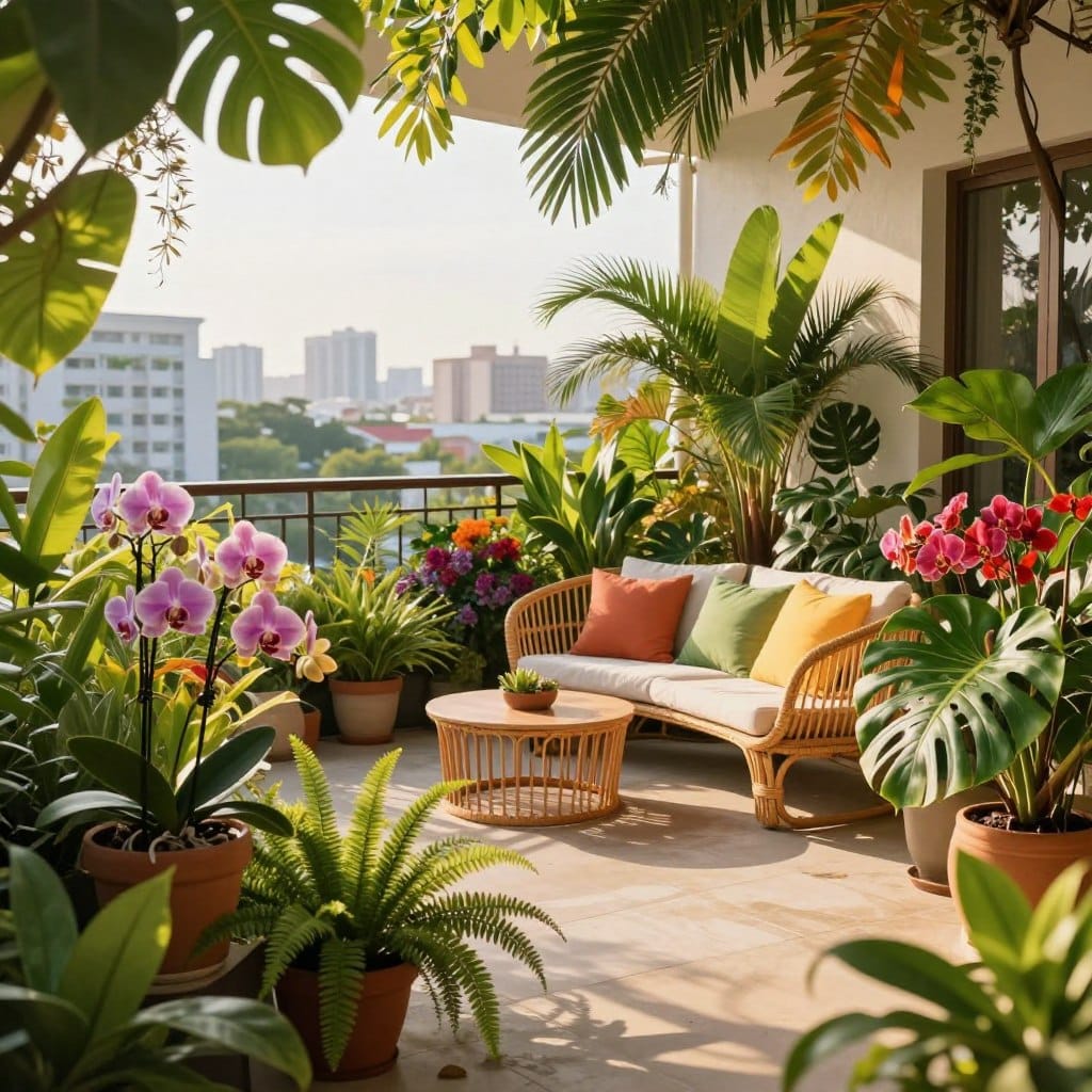A vibrant tropical balcony garden filled with lush greenery and colorful flowers. In the foreground, a variety of potted plants, including exotic orchids, ferns, and large-leafed monstera, create a rich tapestry of colors and textures. In the middle, a comfortable seating area with modern rattan furniture adorned with bright cushions invites relaxation. The background features a panoramic city view, softly blurred to emphasize the balcony oasis. Late afternoon golden sunlight filters through the leaves, casting dappled shadows across the scene. The atmosphere is serene and refreshing, evoking a tranquil escape in an urban setting.