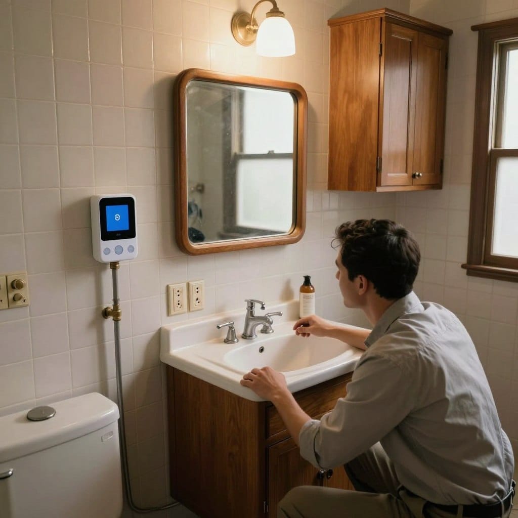 A vintage mid-century bathroom with classic fixtures, showcasing installation challenges when integrating modern smart appliances. In the foreground, a professional technician in business casual attire examines a wall where traditional plumbing meets sleek smart technology. The middle ground highlights an open vanity with retro-style mirrors and outdated outlets, illustrating the contrast between old and new. The background features the bathroom's vintage tiles and wooden cabinetry, softly illuminated by natural light filtering through a frosted window. The atmosphere is a blend of nostalgia and modernity, evoking a sense of innovation while respecting the charm of the older home. Use a warm color palette to enhance the cozy, inviting feel of the space, and capture it with a slight high-angle view to encompass the entire scene effectively.