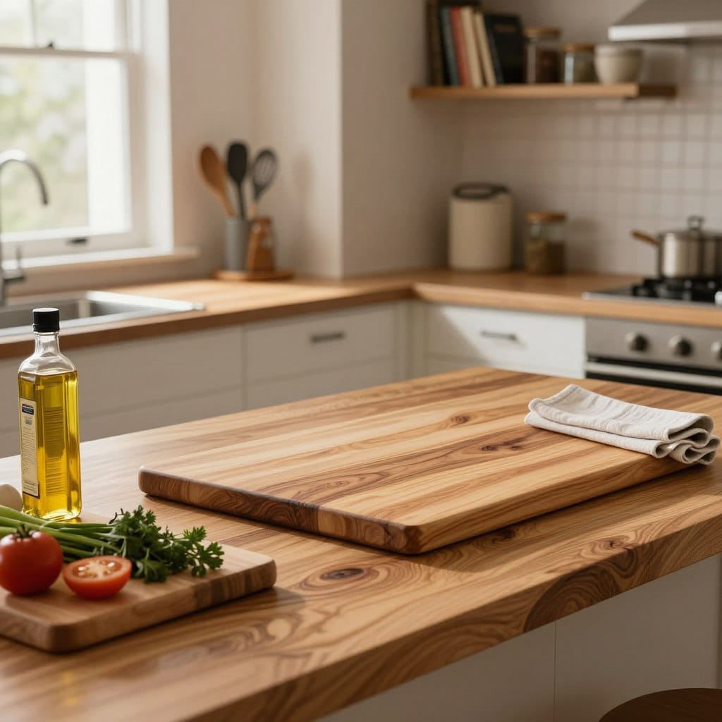 A warm, inviting kitchen with a butcher block countertop as the focal point. In the foreground, a well-used wooden cutting board with vegetable and herb accents, alongside a bottle of mineral oil and a clean cloth, emphasizes the maintenance theme. In the middle, the butcher block countertop showcases its rich, natural wood grains and a slight sheen, indicating recent care. A set of kitchen utensils sits neatly organized to one side. The background features soft, diffused lighting from a window, casting gentle shadows and highlighting the cozy, modern design elements like open shelving filled with cookbooks and decorative jars. The overall atmosphere conveys warmth, care, and attention to detail in maintaining the beauty of the butcher block surface.