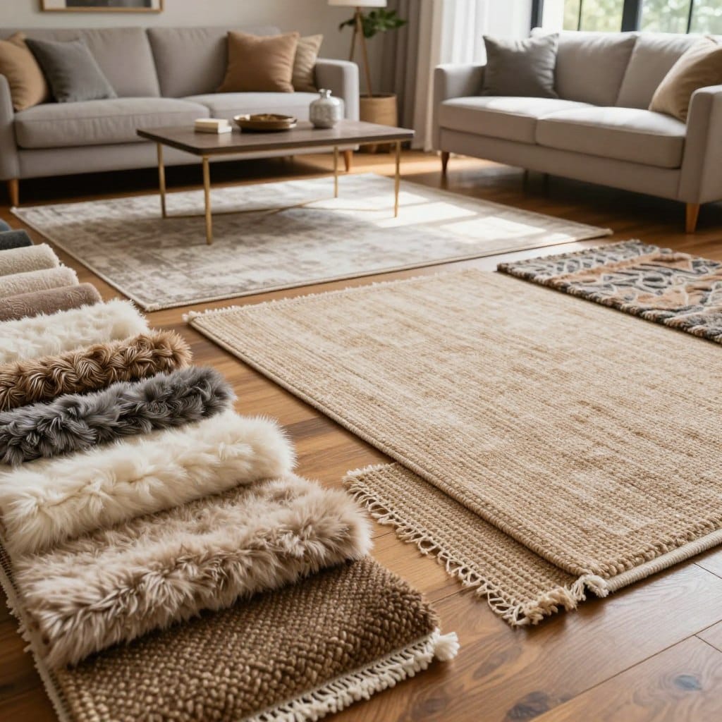 A well-lit, aesthetically pleasing display of various rug material options arranged artistically on a polished wooden floor. In the foreground, feature close-up samples of plush wool, durable jute, elegant silk, and contemporary synthetic fibers, showing their textures and colors vividly. In the middle ground, an inviting living room setting showcases these rugs under soft ambient lighting, with a stylish sofa and an elegant coffee table to enhance the atmosphere. The background features a large window allowing natural light to pour in, casting gentle shadows that highlight the textures of the rugs. The overall mood is warm and homely, emphasizing comfort and style, inviting homeowners to consider how these materials fit their lifestyle needs.