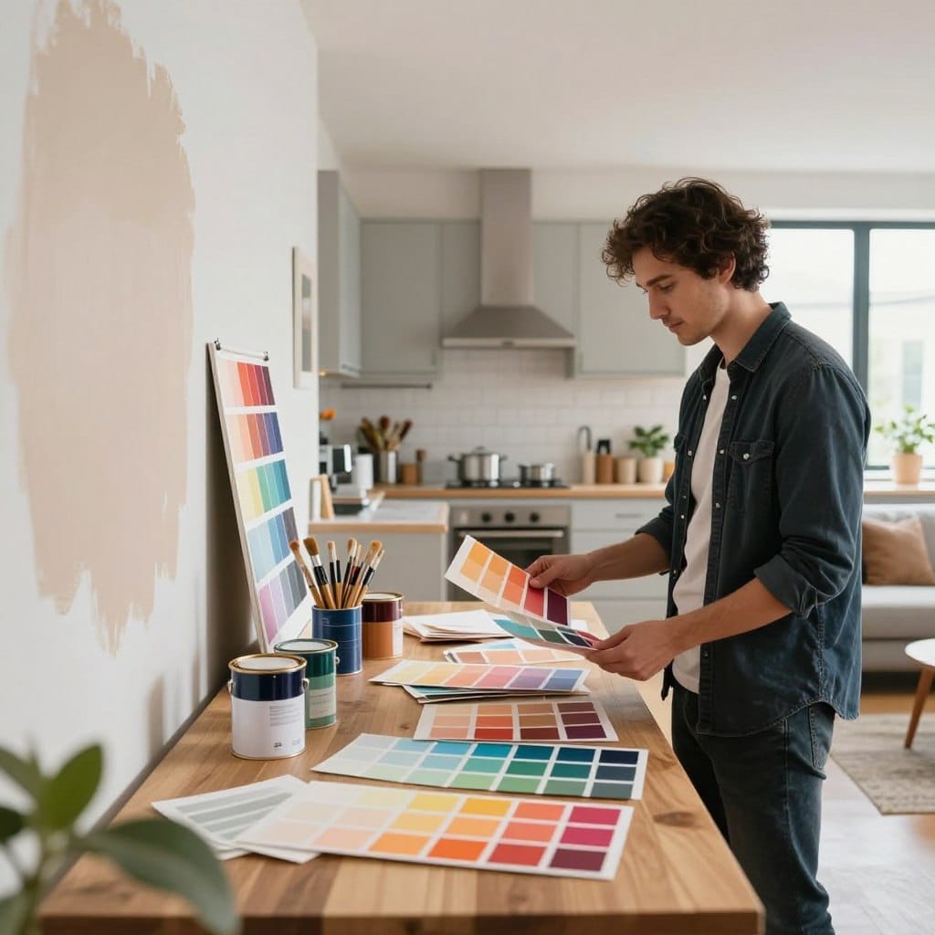 A well-lit interior space showcasing an open-concept living and kitchen area, featuring a long wooden table covered with vibrant paint samples. In the foreground, a designer in smart casual attire is examining color swatches, holding a few samples against a partially painted wall, which has soft neutral tones. In the middle, there are various paint cans and brushes arranged neatly, with a mood board displaying different color schemes. The background shows a stylish kitchen with modern appliances and large windows, allowing natural light to flood the space, creating an inviting atmosphere. The overall mood is creative and professional, emphasizing a thoughtful approach to selecting colors for open living areas. The perspective is slightly angled to capture both the designer's focused expression and the beauty of the space.