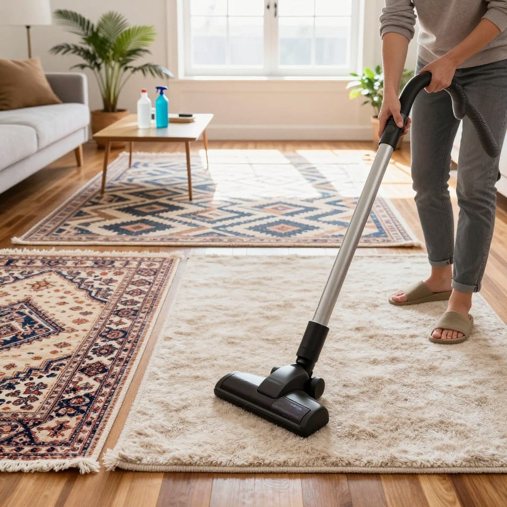 A well-lit living room scene showcasing a variety of rugs being cared for and maintained. In the foreground, a person in casual, modest clothing is gently vacuuming a plush area rug, using a high-quality vacuum cleaner with a modern design. The middle layer features an assortment of different rugs - a faded Persian, a contemporary geometric pattern, and a natural fiber rug, all arranged on a polished hardwood floor. In the background, a bright window allows sunlight to stream in, illuminating the room and casting soft shadows. The atmosphere is calm and welcoming, with potted plants and a simple coffee table adorned with cleaning supplies, creating a practical yet stylish setting for rug maintenance.