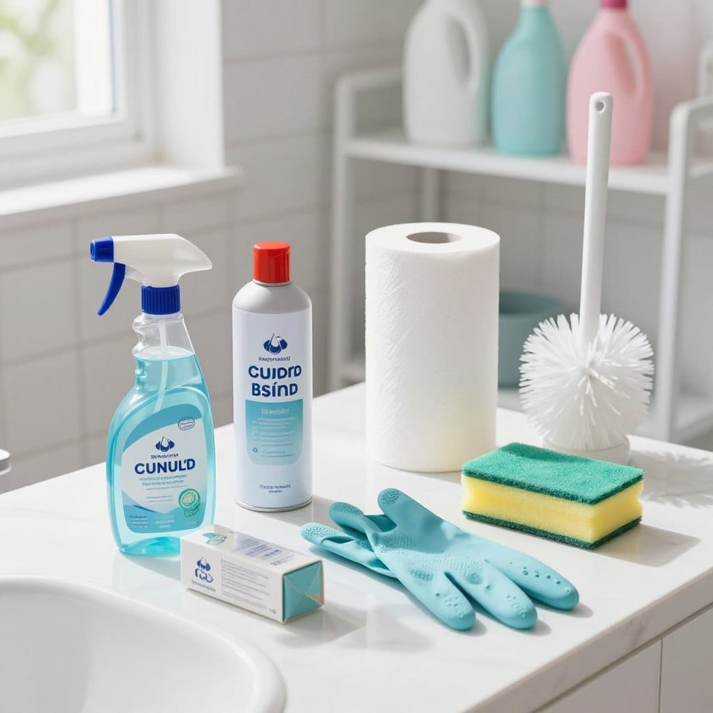 A well-organized bathroom cleaning supplies setup on a bright, clean tiled surface. In the foreground, a spray bottle of disinfectant, a canister of multi-surface cleaner, a box of gloves, and a sponge with bright colors. In the middle ground, a roll of paper towels and a toilet brush stand out. The background features a neatly arranged shelf holding additional cleaning products, all in soft pastel colors to convey cleanliness. Natural light streams in through a nearby window, casting gentle shadows. The atmosphere feels fresh and inviting, highlighting the importance of hygiene. The angle is slightly elevated, providing a clear view of the supplies while evoking a sense of order and readiness for cleaning tasks. A well-organized bathroom cleaning supplies setup on a bright, clean tiled surface. In the foreground, a spray bottle of disinfectant, a canister of multi-surface cleaner, a box of gloves, and a sponge with bright colors. In the middle ground, a roll of paper towels and a toilet brush stand out. The background features a neatly arranged shelf holding additional cleaning products, all in soft pastel colors to convey cleanliness. Natural light streams in through a nearby window, casting gentle shadows. The atmosphere feels fresh and inviting, highlighting the importance of hygiene. The angle is slightly elevated, providing a clear view of the supplies while evoking a sense of order and readiness for cleaning tasks.