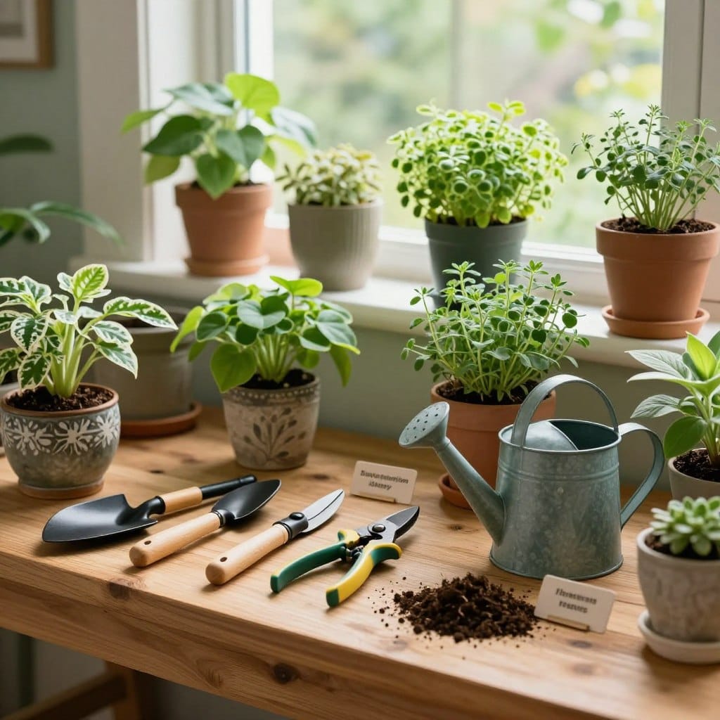 A well-organized indoor gardening workspace, featuring an array of essential tools such as a small trowel, pruning shears, a watering can, soil scoop, and plant labels, all meticulously arranged on a wooden potting bench. The foreground highlights the tools glistening under soft, natural light, contributing to a warm, inviting atmosphere. In the middle, lush green plants in decorative pots surround the bench, showcasing variety in leaf shapes and colors, while a few potted herbs add a hint of freshness. The background features a window allowing sunlight to stream in, enhancing the overall vibrant ambiance of the indoor garden. The composition invites a sense of tranquility and encourages a passion for plant care, making it an ideal visual for indoor gardening enthusiasts.