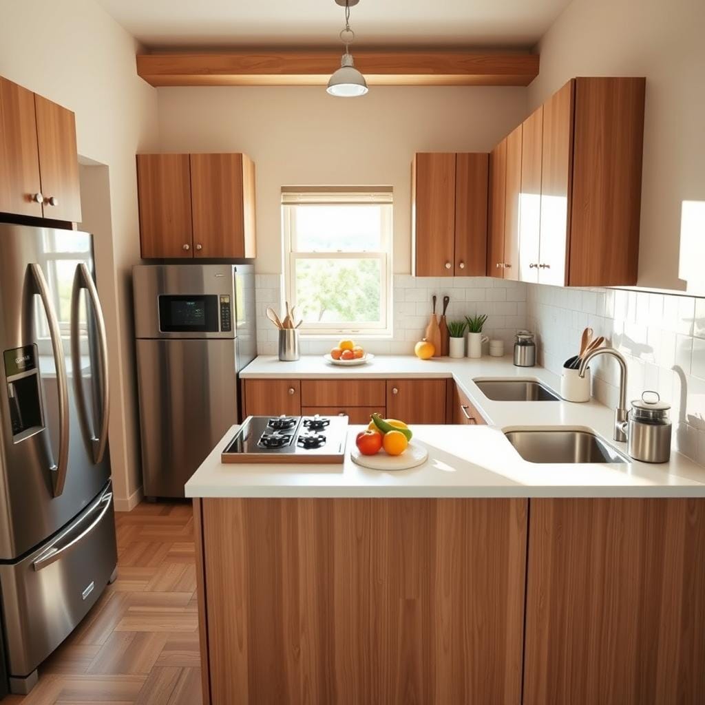 A well-organized kitchen layout illustrating the kitchen work triangle concept. The foreground features a modern kitchen with sleek appliances, including a refrigerator, stove, and sink arranged in a triangular formation to enhance efficiency. In the middle, a clean countertop displays cooking utensils and fresh vegetables, emphasizing usability. The background showcases stylish cabinetry and bright, natural lighting streaming through a window, creating a welcoming atmosphere. Use a wide-angle lens to capture the spacious design, conveying a sense of harmony and balance. The color palette is warm and inviting, with earthy tones and pops of color from kitchen accessories. The overall mood reflects a functional yet aesthetic small kitchen, ideal for maximizing space and minimizing costly mistakes in remodeling.