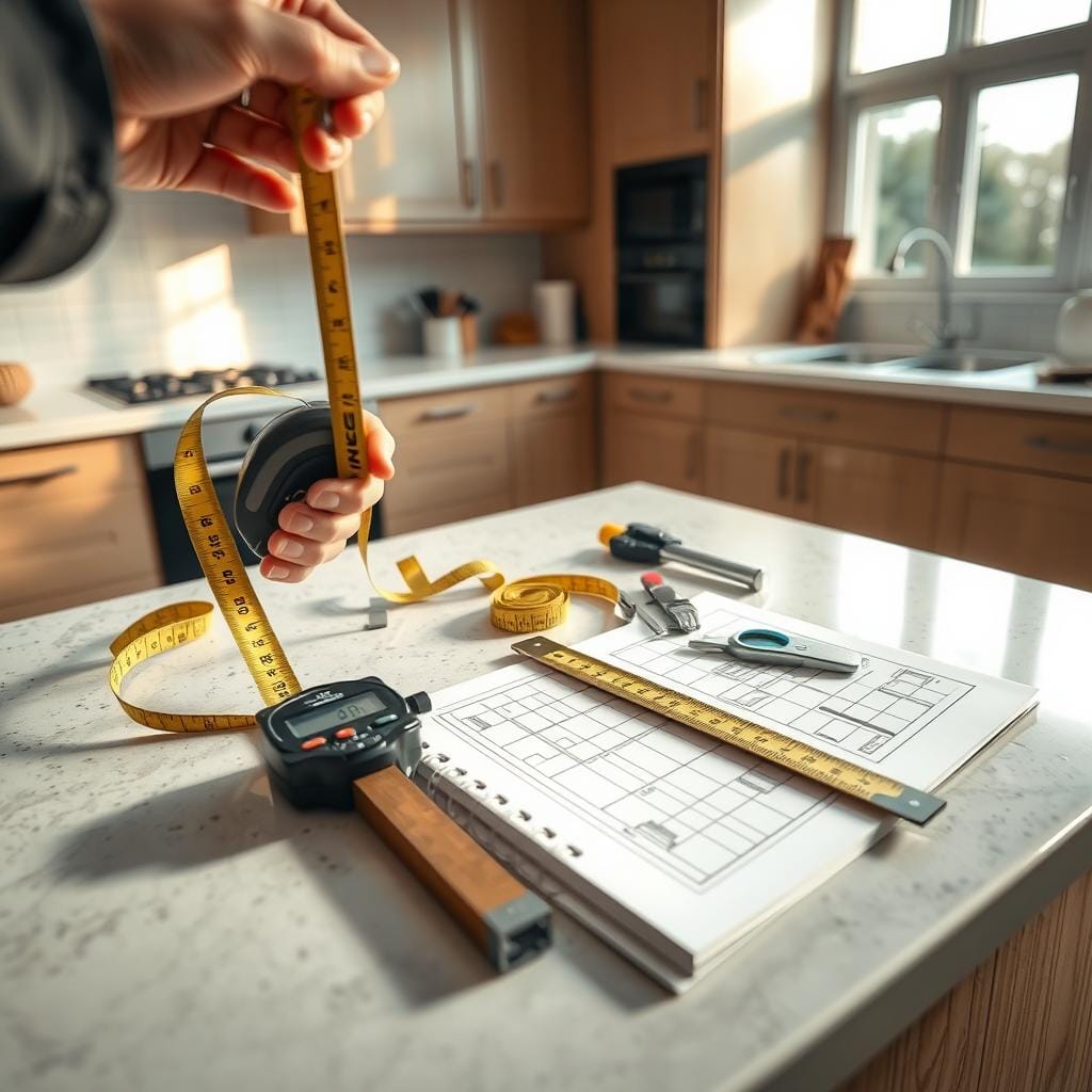 A well-organized kitchen scene displaying a variety of cabinet measurement tools, including a tape measure, digital caliper, and square on a stylish countertop. In the foreground, a hand in a professional outfit holds a tape measure, while a notepad with sketches of kitchen layouts rests nearby. The middle ground features an array of tools, illuminated by soft, natural light from a nearby window, creating a warm and inviting atmosphere. The background showcases a modern kitchen with sleek cabinets and a bright, airy design. Angle the shot slightly from above to capture the tools' details and the kitchen's aesthetic, evoking a sense of precision and planning, suitable for transforming a cooking space.