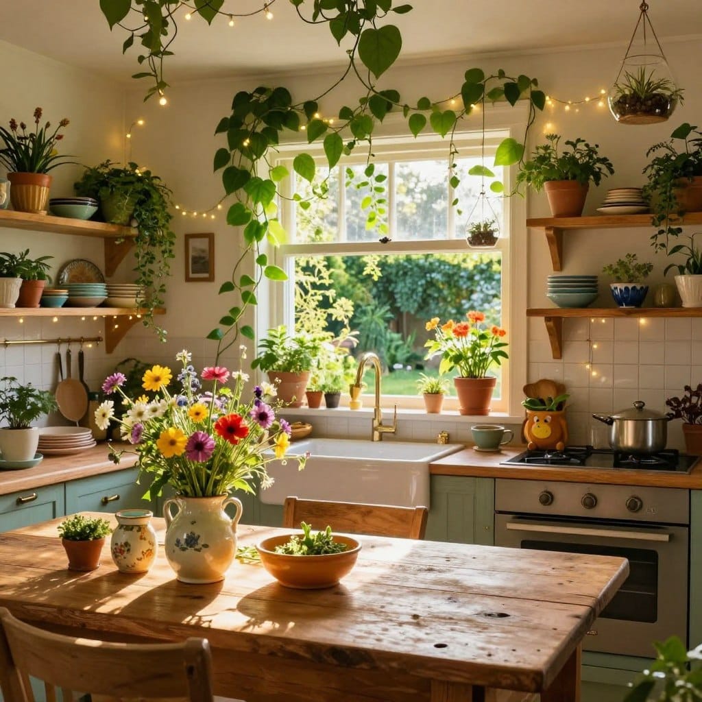 A whimsical kitchen beautifully blending nature's magic indoors. In the foreground, a rustic wooden table adorned with vibrant wildflowers in vintage ceramic vases. The middle features cheerful open shelves filled with colorful ceramic dishes, playful plant pots with herbs, and tiny hanging terrariums. In the background, an airy window floods the scene with warm, golden sunlight, revealing a lush garden outside. Bright green vines gracefully drape from the ceiling, while whimsical fairy lights twinkle softly, enhancing the magical atmosphere. The overall mood is inviting and enchanting, evoking a sense of creativity and joy in cooking. Image captured with a wide-angle lens to encompass the entire scene, showcasing an idyllic, dreamlike kitchen environment.