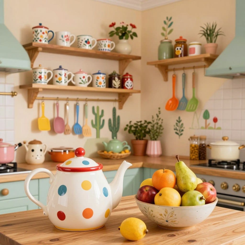 A whimsical kitchen decorated with quirky elements, showcasing a vibrant color scheme. In the foreground, a playful, oversized teapot with a polka dot pattern sits next to a fruit bowl filled with brightly colored faux fruits. The middle ground features eclectic open shelves adorned with vintage ceramic mugs, whimsical spice jars, and colorful kitchen utensils hanging in cheerful arrangements. The background showcases softly painted walls in pastel shades with a mural of whimsical kitchen plants. The scene is illuminated by warm, inviting lighting that creates a cozy atmosphere, capturing a magical essence. The shot is taken from a slightly elevated angle, adding depth to the enchanting kitchen decor while evoking a sense of wonder and creativity.
