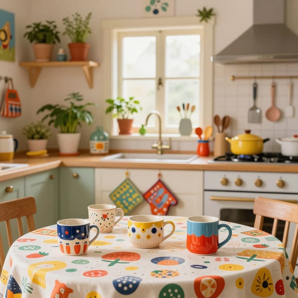 A whimsical kitchen scene filled with quirky decor elements that inspire joy and creativity. In the foreground, a colorful tablecloth adorned with playful patterns and mismatched ceramic mugs, adding charm and character. In the middle, vibrant oven mitts and pot holders hanging on the stove, complemented by a collection of eclectic kitchen gadgets displayed on open shelves, featuring bright colors and unique shapes. In the background, a charming kitchen window bathed in warm, natural light, surrounded by potted herbs and whimsical wall art. The atmosphere is lively and inviting, evoking a sense of playful magic in the cooking space. Use a soft focus lens effect to create a dreamy, enchanting ambiance, capturing the essence of a joyful culinary experience.