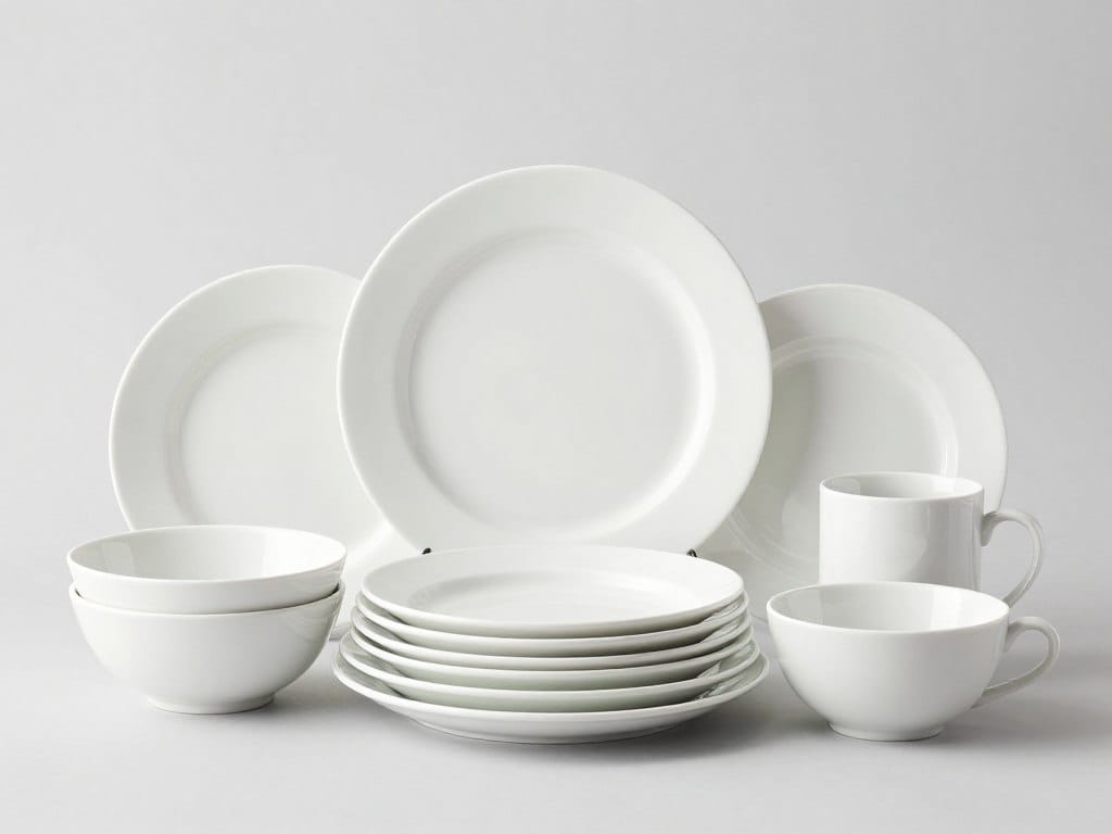 Amazon Basics 16-Piece Porcelain Dinnerware Set in classic white showing clean lines and versatile design