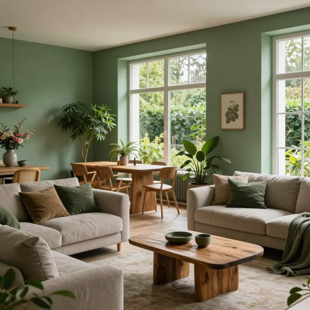 An elegantly designed open plan living area bathed in soft, natural light, showcasing nature-inspired green paint on the walls. The foreground features a modern, plush sofa with earthy-toned cushions, complementing a chic coffee table made of reclaimed wood. The middle ground includes a sleek dining area with minimalist wooden chairs and a stylish table, both reflecting a harmonious blend of indoor greenery with potted plants. In the background, large windows allow sunlight to flood in, illuminating a serene view of a garden. The atmosphere feels fresh and inviting, with a palette of muted greens and hints of floral decor, creating a tranquil retreat that embodies the essence of nature. The scene captures a bright and refreshing mood, ideal for contemporary living spaces.