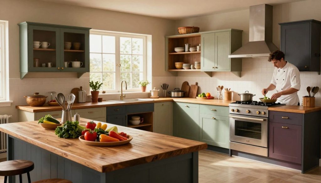 An inviting and practical unfitted kitchen design showcasing a blend of functionality and style. In the foreground, a rustic wooden countertop adorned with fresh vegetables and cooking utensils, emphasizing daily use. In the middle, various standalone cabinets featuring an eclectic mix of colors and textures, creating an open and flexible space. The background displays a large window allowing natural light to flood in, illuminating the space with a warm, welcoming glow. Soft shadows enhance depth, creating a cozy atmosphere. A professional chef in modest casual attire is seen preparing a meal, embodying the practicality of the kitchen. Overall, the image conveys a harmonious balance between aesthetics and everyday functionality, inviting viewers to envision their own culinary adventures.