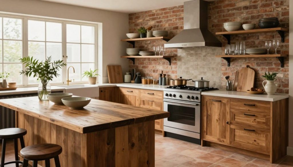 An inviting, spacious unfitted kitchen showcasing a harmonious blend of materials and finishes. In the foreground, a rustic wooden island with a reclaimed wood countertop, accented by handmade ceramic bowls and green plants. The middle ground features an assortment of open shelves displaying vintage dishes and glassware, coupled with a mix of metal and wooden cabinetry, adorned with matte black hardware. In the background, large windows allow soft, natural light to pour in, highlighting the earthy tones of clay tiles on the floor and the warm textures of exposed brick walls. The overall mood is warm and welcoming, with an emphasis on effortless style and cohesion in design, captured from a slightly elevated angle to display the full layout and aesthetic.