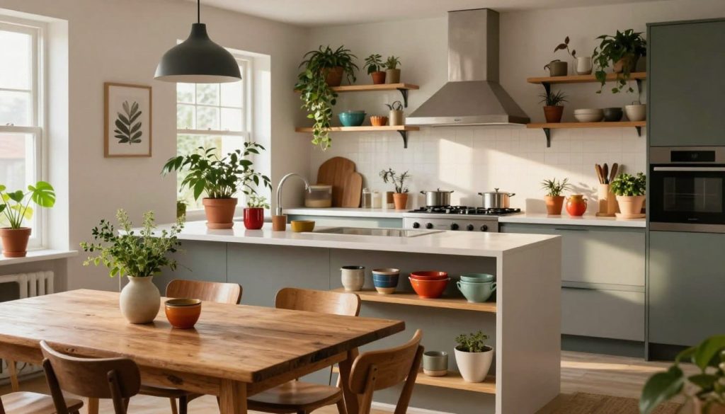 An inviting, unfitted kitchen design featuring freestanding pieces. The foreground showcases a rustic wooden dining table with mismatched chairs, adorned with a simple vase of fresh herbs. In the middle, a minimalist island with an open shelf displaying colorful pottery and a freestanding stove, surrounded by various potted plants that add an organic touch. The background reveals an eclectic mix of cabinets and open shelving, with warm lighting emanating from stylish pendant lights above. Soft natural light streams in through large windows, casting gentle shadows and creating a cozy atmosphere. The color palette blends neutral tones with pops of vibrant colors, emphasizing a harmonious yet unstructured look. Capture the essence of creativity and comfort in this kitchen space.