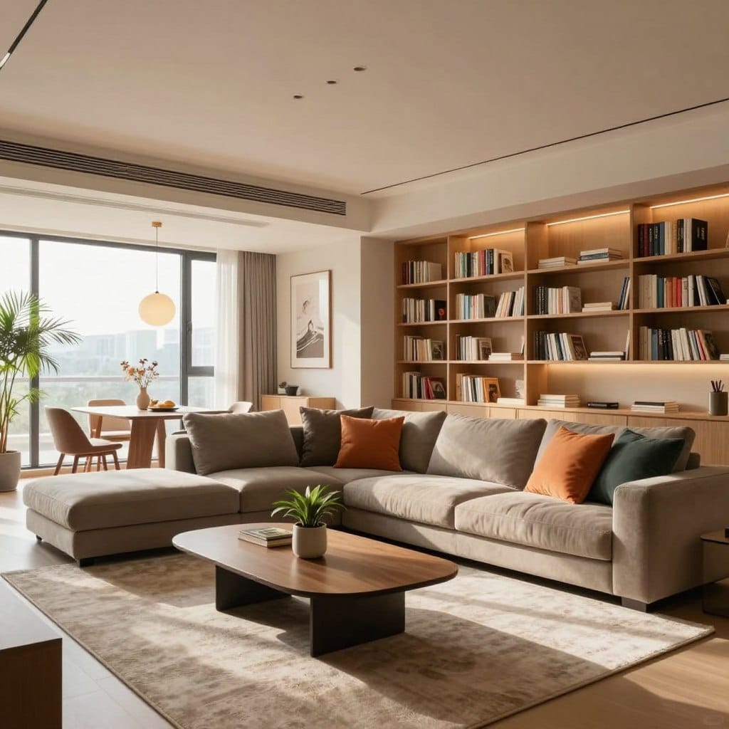 An open concept living room showcasing defined zones through innovative use of light, color, and varying levels. In the foreground, a stylish, contemporary coffee table adorned with a small plant sits atop a soft area rug, creating a cozy sitting area. The middle section features a comfortable sectional sofa in muted tones, accented by vibrant cushions, and a warm reading nook with a sleek bookshelf bathed in natural light from large windows. In the background, a dining area is subtly demarcated by a light feature overhead, with elegant pendant lights casting a soft glow. The atmosphere is inviting and modern, enhanced by warm tones and strategic shadows. Use a wide-angle lens to capture the spaciousness, with bright but soft illumination creating a harmonious balance between the zones.