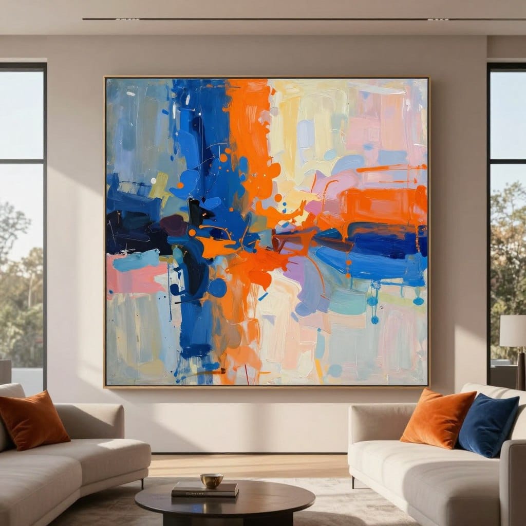 An oversized abstract wall art piece dominates a modern living room, intended to make a bold statement. In the foreground, the art features dynamic brushstrokes and vibrant splashes of color like deep blues, fiery oranges, and soft pastels, creating an engaging contrast. The middle ground includes a sleek, minimalist couch in neutral tones, adorned with colorful cushions that echo the color palette of the artwork. In the background, large windows let in warm, natural light, casting soft shadows that enhance the texture of the wall and artwork. The atmosphere is inviting and contemporary, with a clean design that emphasizes the art's dramatic impact. Shot from a slightly angled perspective to create depth and interest, this image captures the essence of modern luxury in interior design.