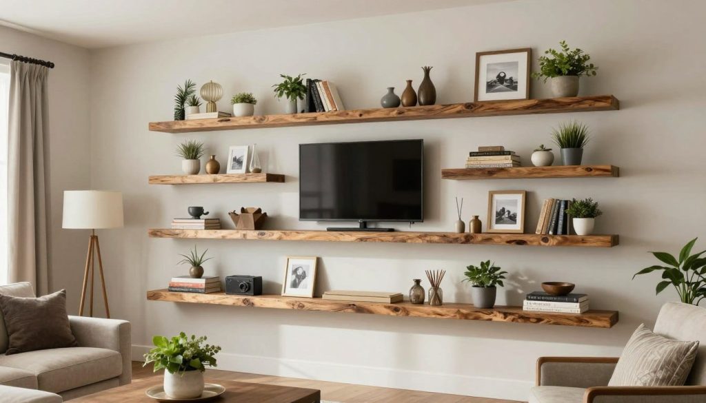 Beautifully styled rustic floating shelves in a modern farmhouse living room