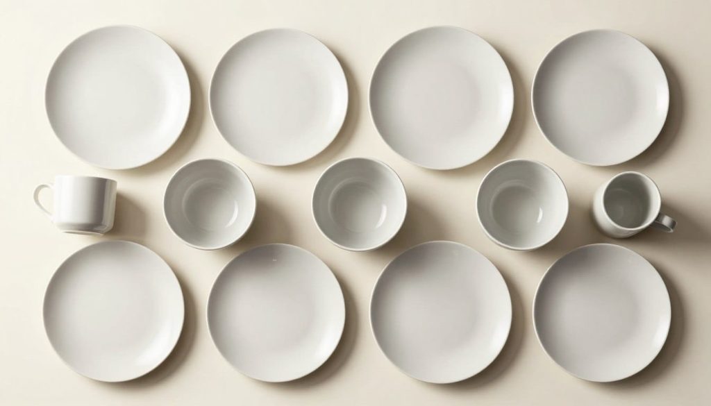 Complete dinnerware set laid out showing all components of a typical 16-piece configuration