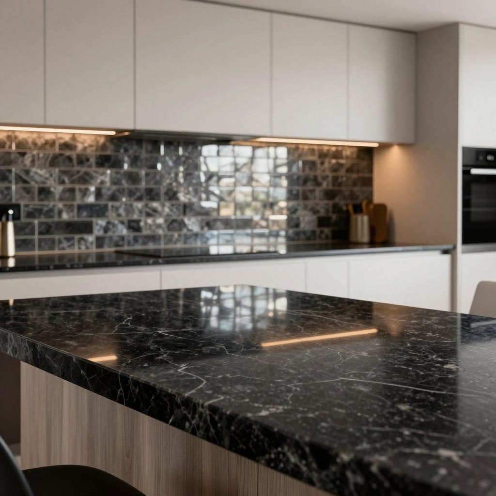 Create a stunning kitchen scene featuring a dramatic black granite countertop with intricate veining, showcasing its luxurious texture. In the background, depict an eye-catching metallic tile backsplash that reflects light with a modern design, adding a bold contrast to the dark granite. The kitchen should have sleek, contemporary cabinetry in soft white or muted wood tones, providing an elegant balance to the dramatic elements. Use warm, soft overhead lighting to enhance the rich colors and textures, creating an inviting atmosphere. Capture the scene from a slightly elevated angle, emphasizing the harmony between the black granite and metallic tiles. The overall mood should convey sophistication and modern luxury, suitable for a high-end kitchen design.
