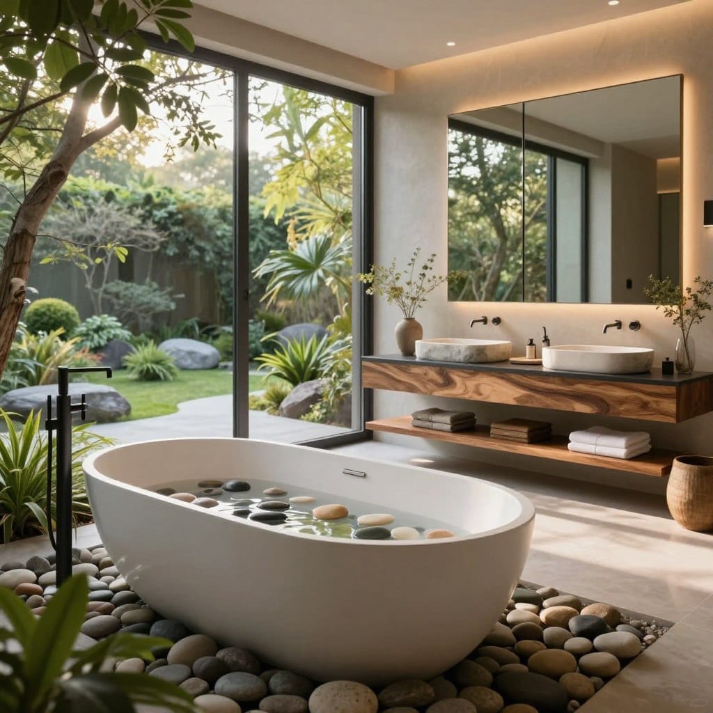 Custom luxury master bathroom featuring a serene, nature-inspired design. In the foreground, a large freestanding bathtub filled with smooth river stones and surrounded by lush greenery. The middle layer showcases a sleek vanity with organic wood finishes, adorned with elegant stone sinks and large mirrors reflecting natural light. In the background, floor-to-ceiling windows provide a breathtaking view of an outdoor zen garden, with soft sunlight filtering through the foliage, creating a tranquil atmosphere. Warm, ambient lighting enhances the calming mood, while a soft focus captures the texture of natural materials throughout the space. The overall aesthetic is clean and inviting, emphasizing a harmonious blend of indoor luxury and outdoor tranquility.