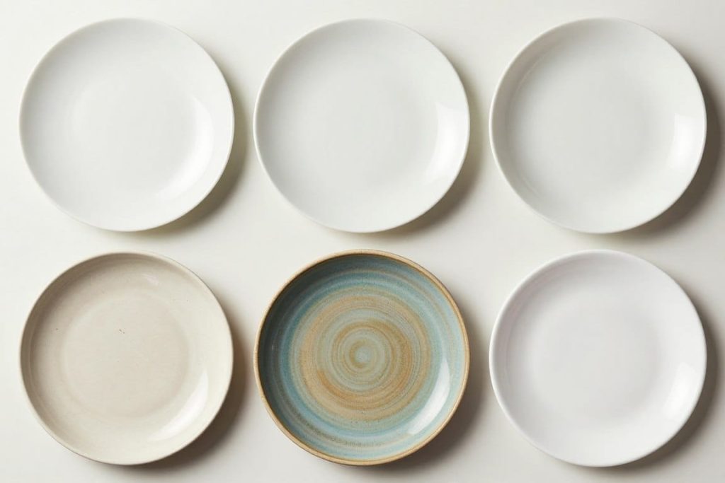 Different dinnerware materials displayed side by side showing texture and finish differences