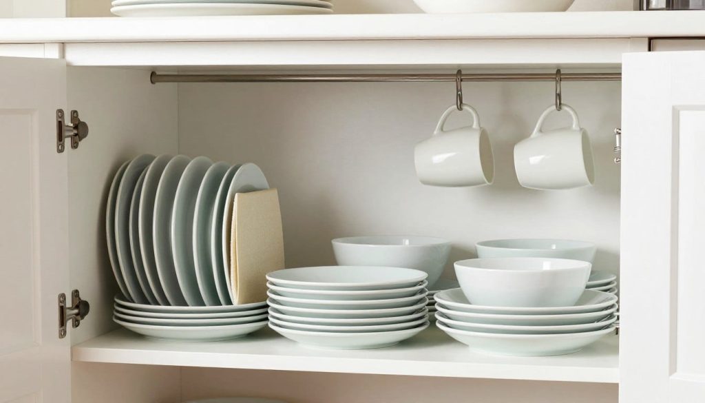 Dinnerware storage solution showing efficient stacking and organization in kitchen cabinets