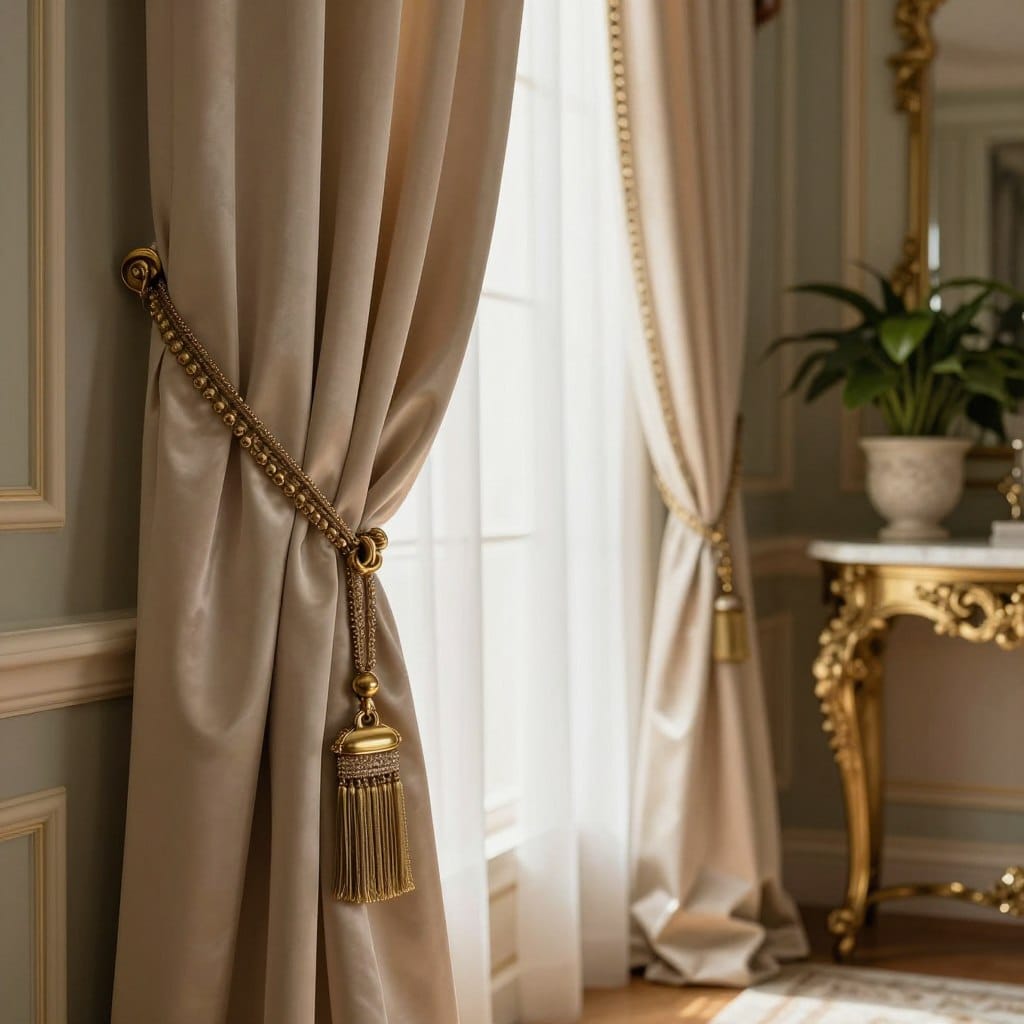 Elegant drapery tiebacks and holdbacks gracefully adorn a luxurious window, featuring intricate designs in polished brass and soft satin fabrics. In the foreground, a close-up captures the delicate stitching and beading on the tiebacks, showcasing their opulence. The middle ground presents the flowing drapery, which cascades down in rich, warm tones, allowing soft, filtered sunlight to illuminate the fabric. In the background, a tastefully decorated room adds an air of sophistication, with subtle decorative elements like a marble console table and lush potted plants. The atmosphere is inviting and serene, evoking a sense of timeless elegance. Utilize soft, diffused lighting to enhance the textures, with a slight focus on the tiebacks to create an intimate, luxurious feel.