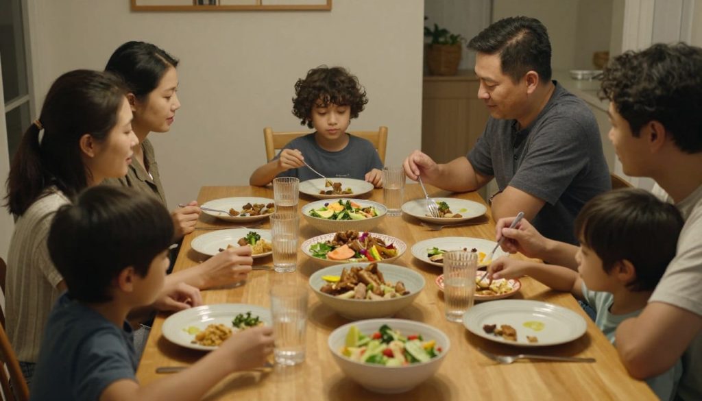Family enjoying a meal with everyday dinnerware, showcasing practical use in a home setting