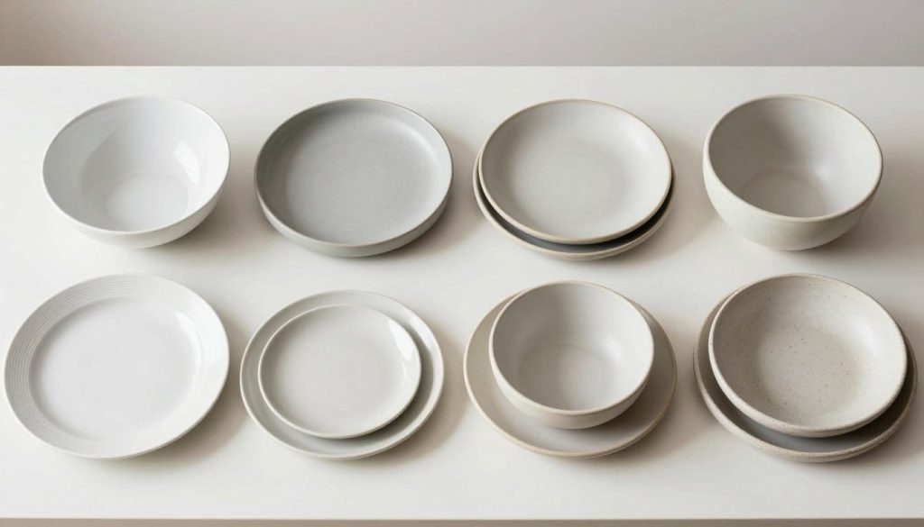 Four different dinnerware style options displayed on a dining table showing classic white, neutral tones, minimalist modern, and artisanal character styles