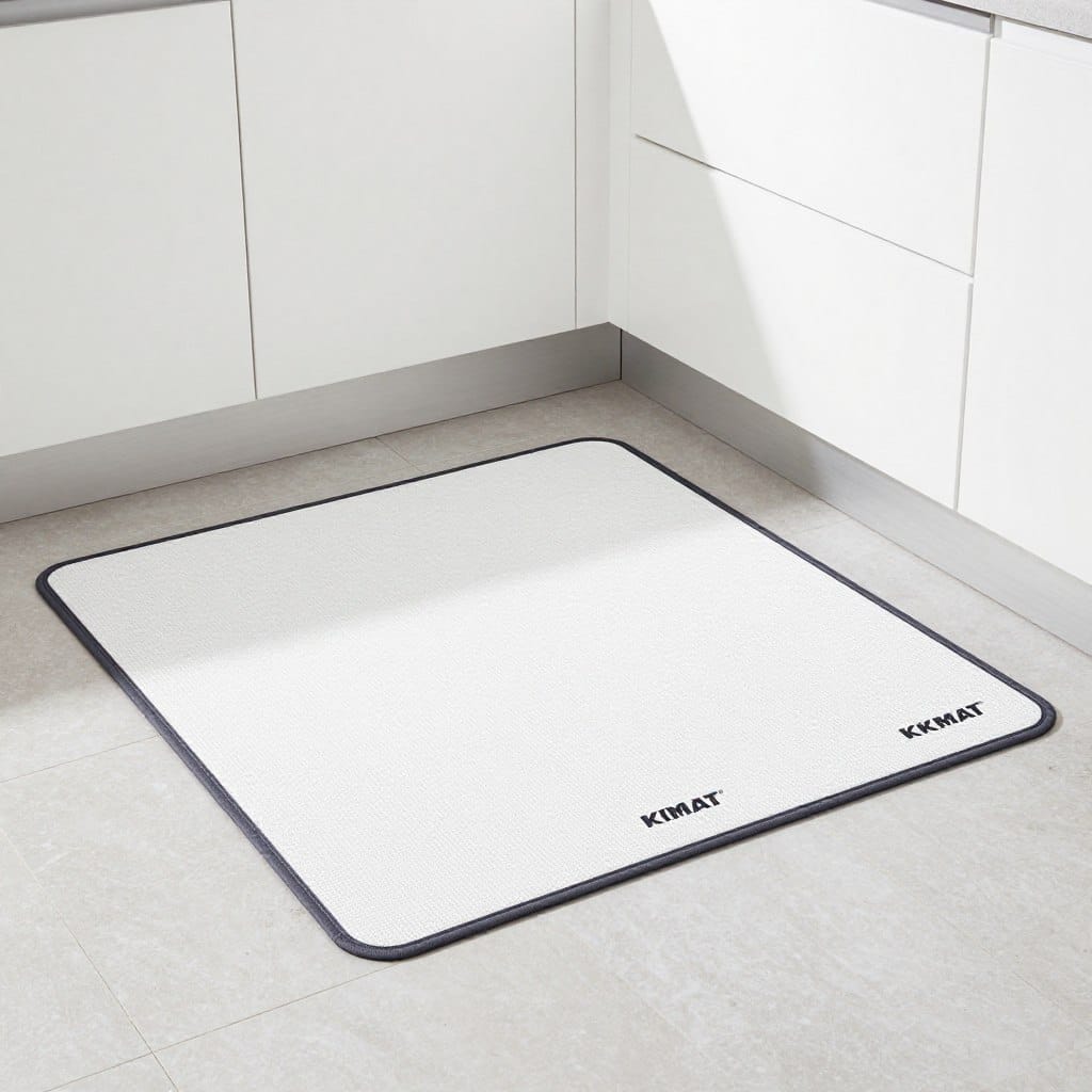 Generate an image of the KMAT Kitchen Mat 2-Piece Set on a kitchen floor.