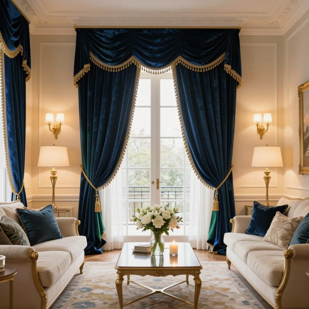 In an elegant living room, showcase luxurious velvet drapes cascading elegantly from a grand window, highlighting rich, deep colors such as royal blue or emerald green. The drapes should feature intricate gold trim, adding a touch of sophistication. In the foreground, a plush, cream-colored sofa with decorative cushions complements the opulence of the drapes. The middle space reveals a chic coffee table adorned with a vase of fresh white flowers and an ambient candle. The background includes soft, warm lighting emanating from stylish floor lamps and wall sconces, creating a welcoming, cozy atmosphere. Use a wide-angle lens to capture the entire scene, emphasizing the spaciousness and refined decor, while ensuring that the overall mood conveys luxury and elegance.