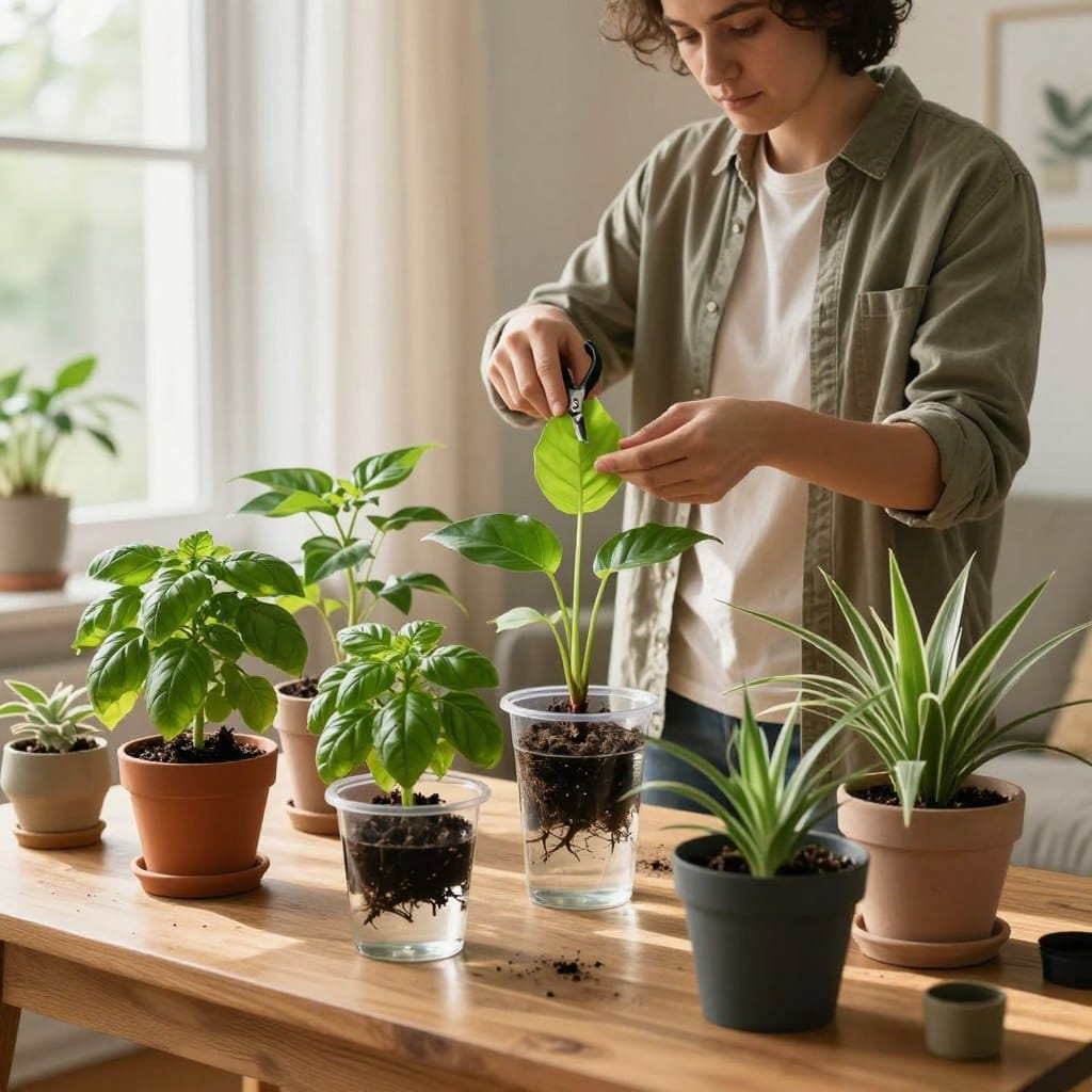 Indoor plant propagation techniques displayed on a wooden table in a well-lit living room. In the foreground, a variety of healthy indoor plants are shown, including pothos, basil, and spider plants, with clear containers filled with water for rooting cuttings. In the middle ground, a skilled gardener, dressed in modest casual clothing, carefully monitors the plants, using a pair of scissors to take a cutting from a vibrant green leaf. The background features a sunny window with sheer curtains that allow natural light to filter in, illuminating the scene with a warm, inviting glow. The atmosphere is calm and nurturing, capturing the essence of indoor plant care and propagation.