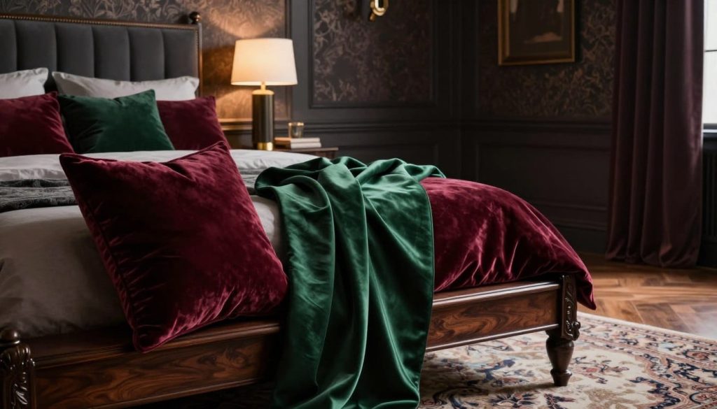 Luxurious bedroom materials featuring an elegant fusion of rich textures and deep colors. In the foreground, plush velvet pillows in shades of deep burgundy and emerald green are accented by a sumptuous silk throw, draped gracefully across a dark wood bed frame with intricate carvings. The middle layer showcases a sleek, upholstered headboard in charcoal grey, paired with soft, ambient lighting from stylish bedside lamps with gold accents. In the background, a textured wallpaper in a deep matte finish adds depth, while a plush area rug with an ornate pattern softly contrasts the polished hardwood floor. The atmosphere should feel inviting yet refined, with warm, diffused lighting creating a moody ambiance ideal for relaxation. Capture the scene from a slight angle to emphasize the layering of textures and finishes.