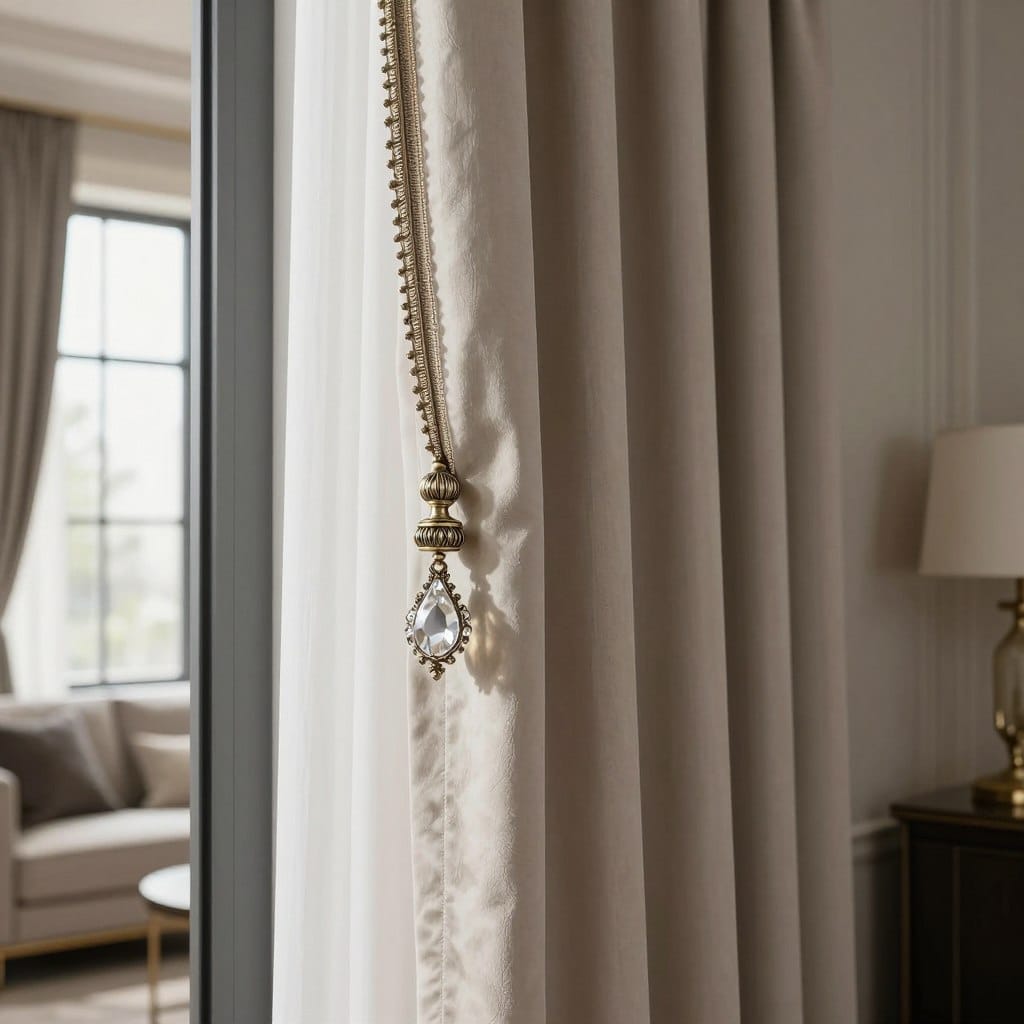 Luxurious curtain rods featuring exquisite crystal finials, elegantly designed in a modern living room setting. In the foreground, the rich textures of the curtain rods stand out, showcasing their opulent metallic finishes and intricate craftsmanship. The middle ground reveals soft, flowing drapes in muted tones, perfectly complementing the hardware. In the background, a tastefully decorated interior with plush furniture and subtle decorative elements exudes sophistication. Soft, natural lighting filters through an adjacent window, casting gentle shadows and highlighting the elegance of the curtain rods. The scene evokes a sense of refinement and warmth, inviting viewers to envision the beauty of statement hardware in their own windows.