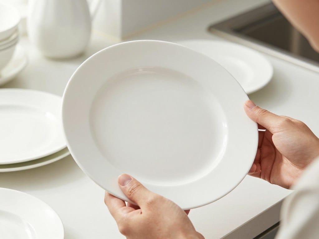 Person examining dinnerware quality in a home setting, checking for durability features