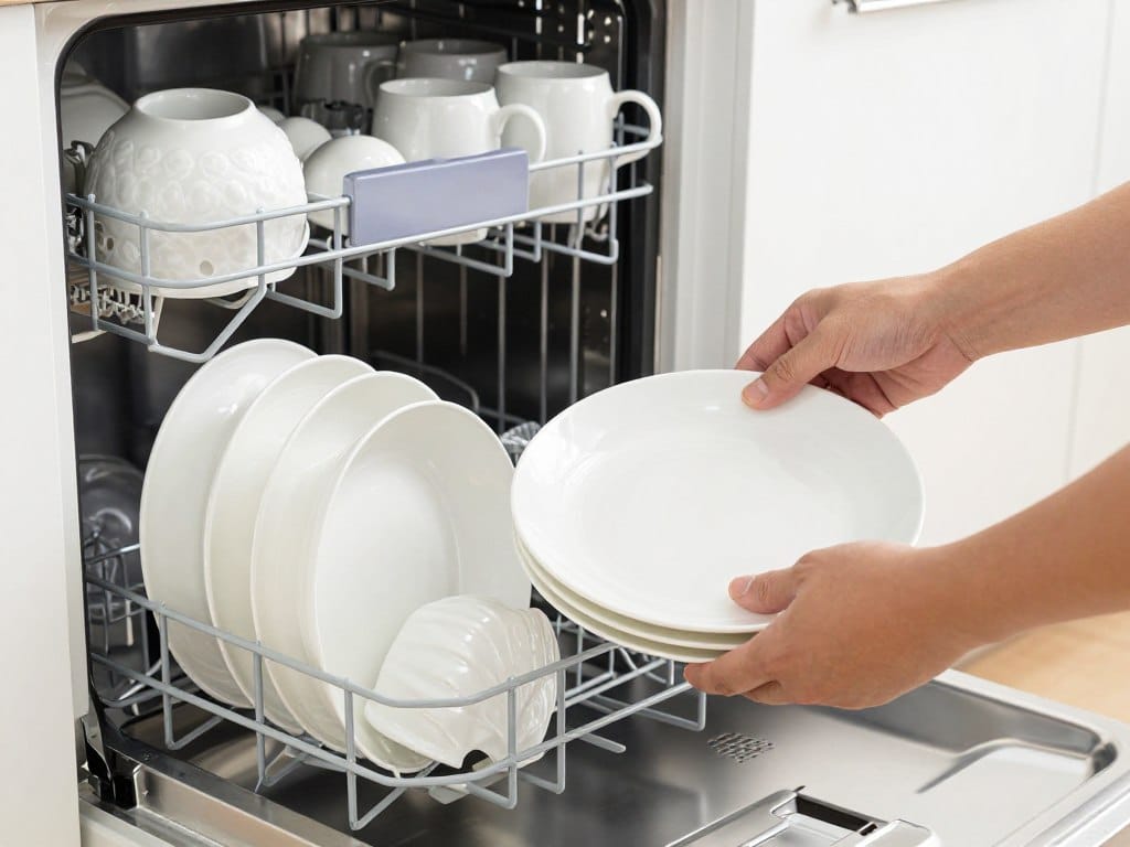 Person loading dinnerware into a dishwasher demonstrating proper care techniques