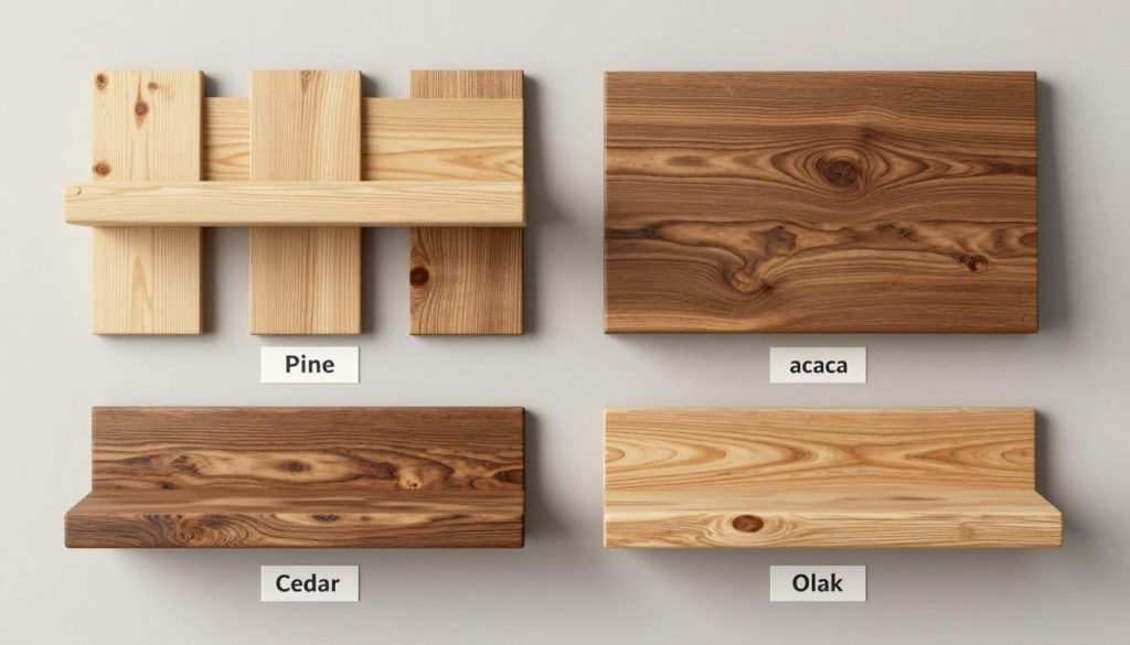 Various types of wood used in rustic floating shelves with labels Various types of wood used in rustic floating shelves with labels