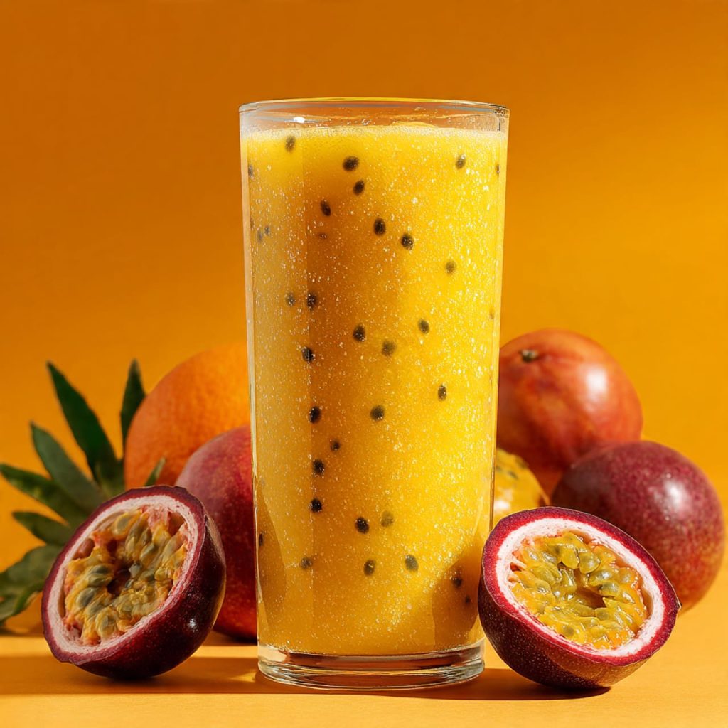 Tropical mango and passion fruit smoothie rich in vitamin C, supporting immunity, sun protection, and natural energy